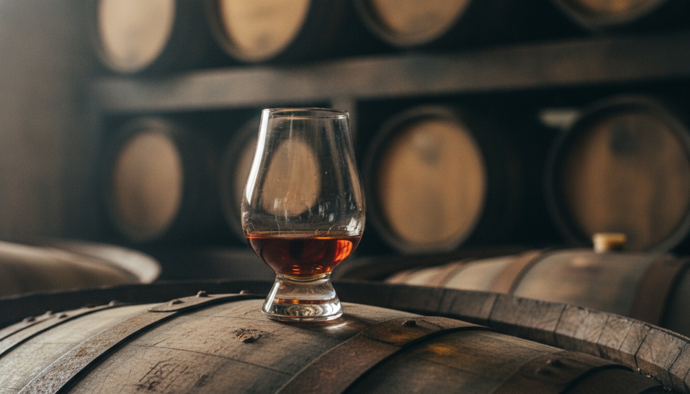 Derin kehribar rengi single malt viski, kristal kadehte, geleneksel depoda meşe fıçılar arka planda