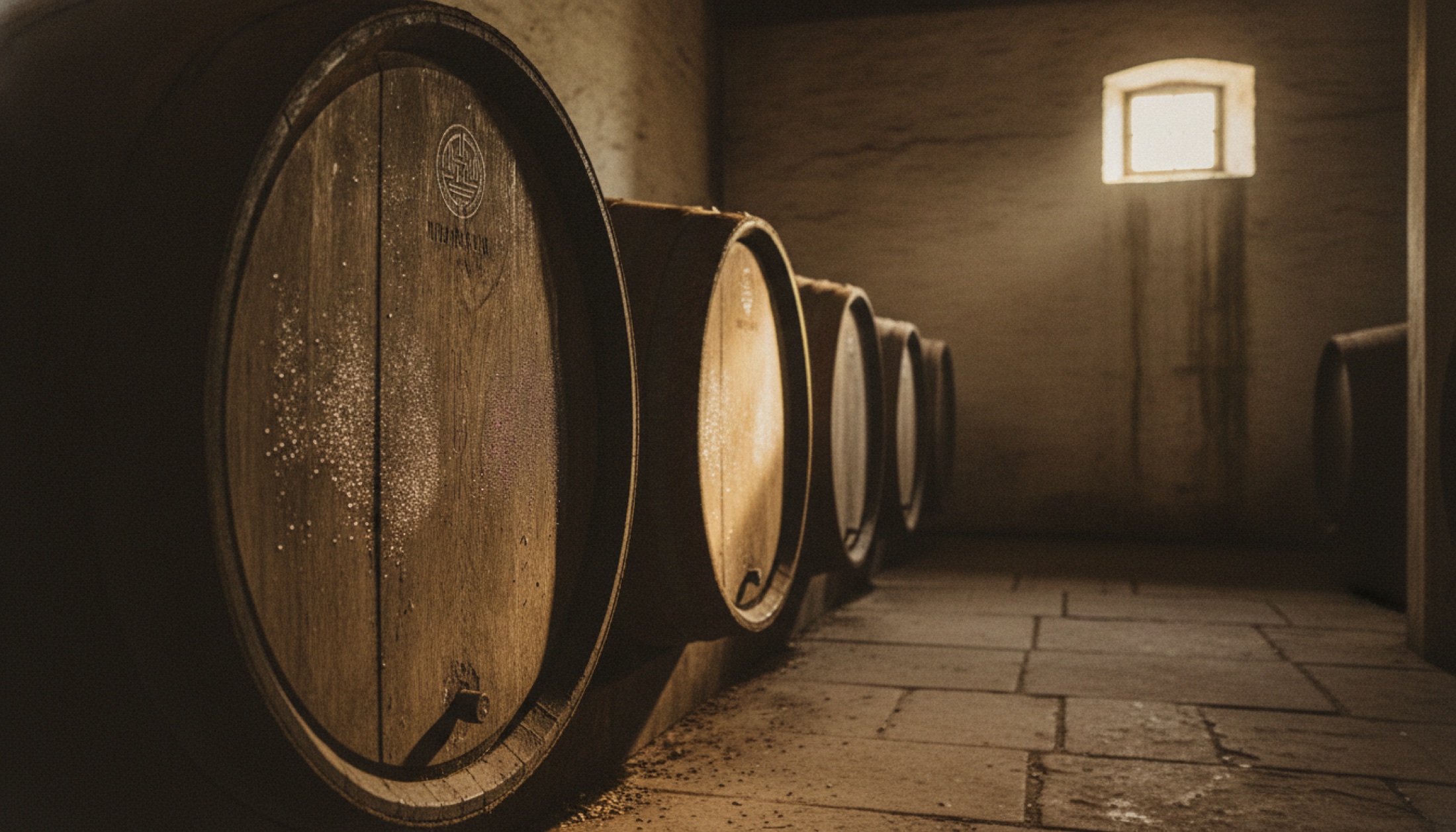 Glengoyne damıtımevinin depo koridorunda sıralanan Japon mizunara meşesi fıçıları, amber ışık altında.