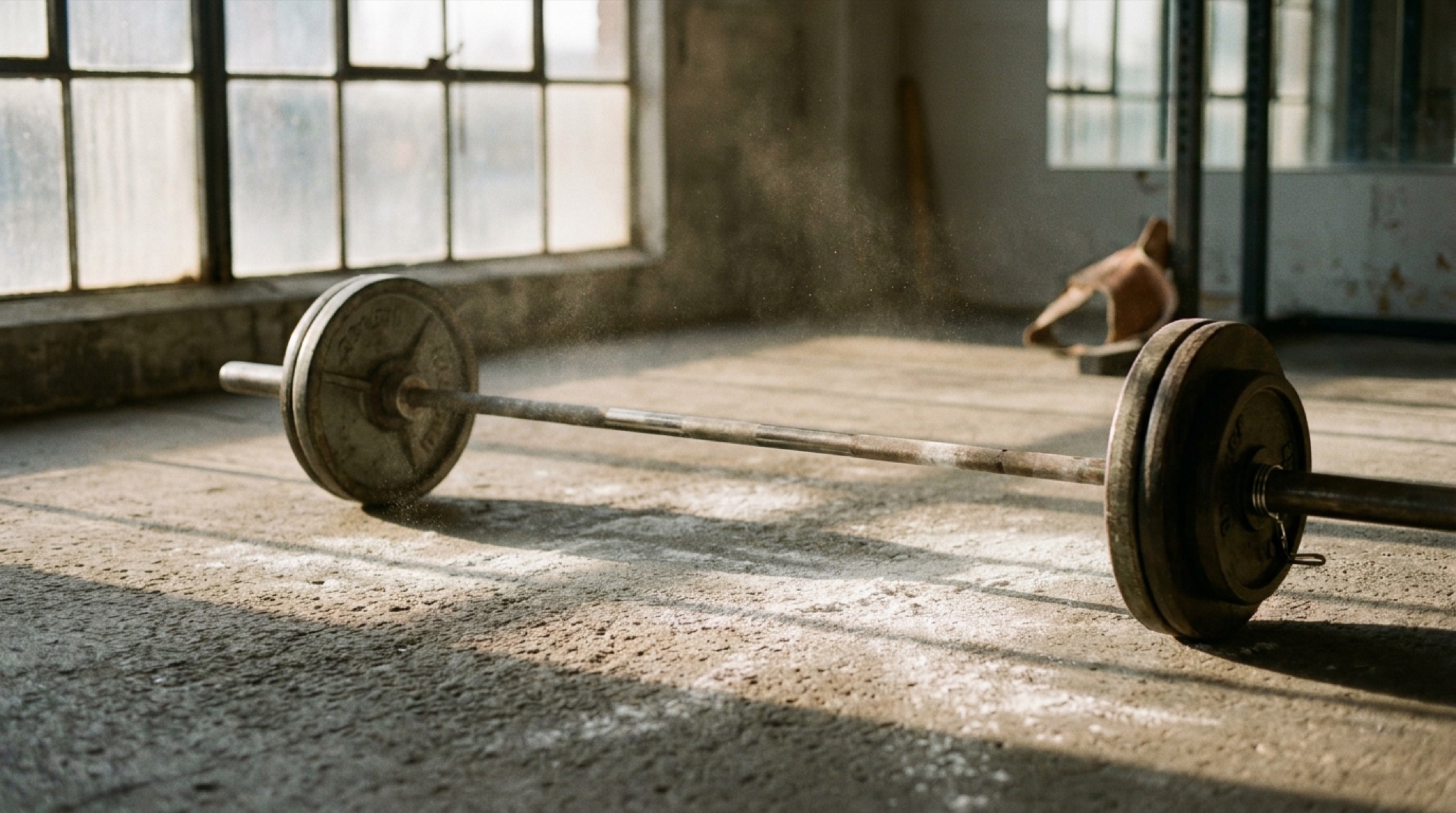 Boş ağırlık odasında Olympic barbell, dramatik yan ışık ve chalk tozu
