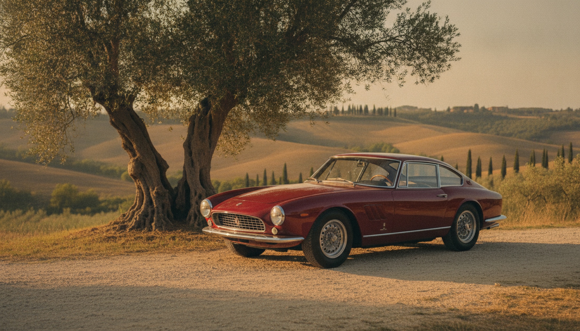 Toskana'da bir zeytin ağacının gölgesinde park etmiş klasik bir Ferrari 250 GT SWB, altın rengi öğleden sonra ışığı altında.