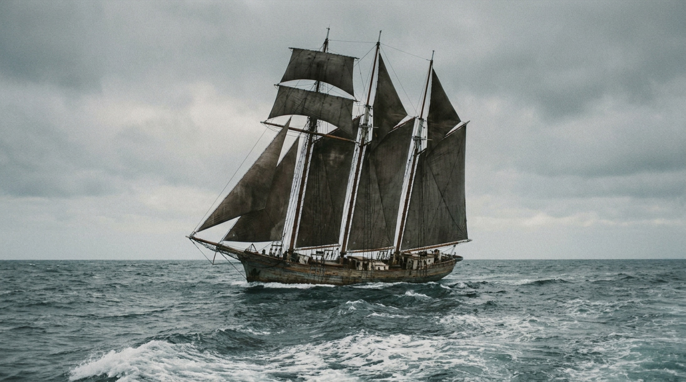 Üç direkli yelkenli kargo gemisi açık Atlantik'te tam yelkenle seyir halinde, fırtınalı gökyüzü ve köpüklü dalgalar