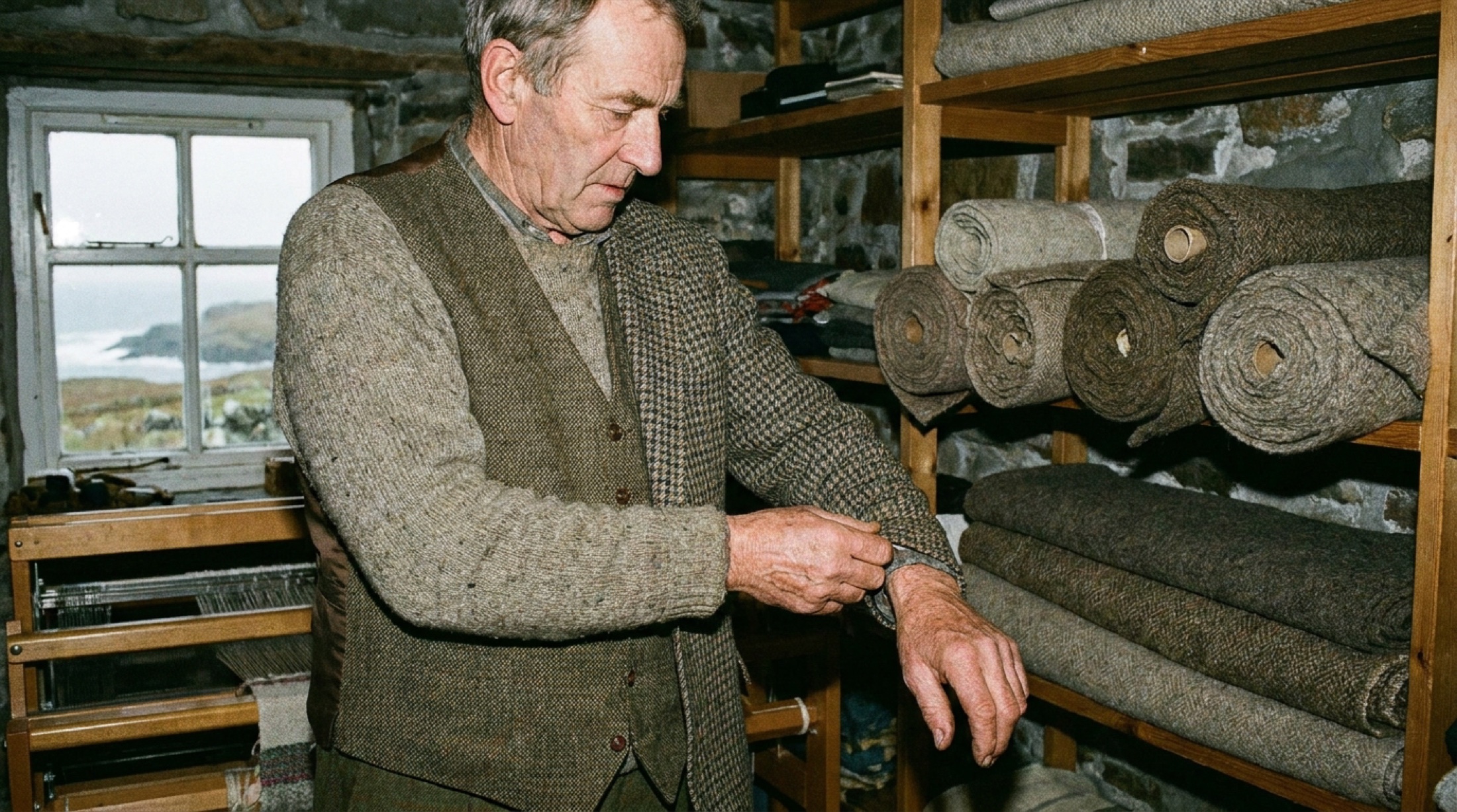 Turuncu ve kahverengi kareli Harris Tweed kumaş rulosu, ahşap tezgâh arka planı