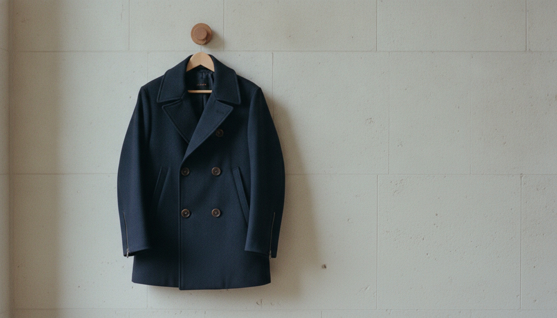 Henry Poole Travel Reefer — double-breasted teknik palto, sade bir ahşap askıda