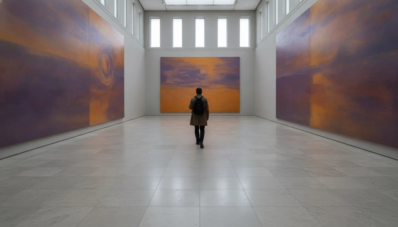 Grand Palais'ın geniş galerisinde iki yana sıralanmış devasa soyut tuvalllerin önünden geçen ziyaretçi silueti, her tuval mor ve turuncu renk alanlarıyla kaplı