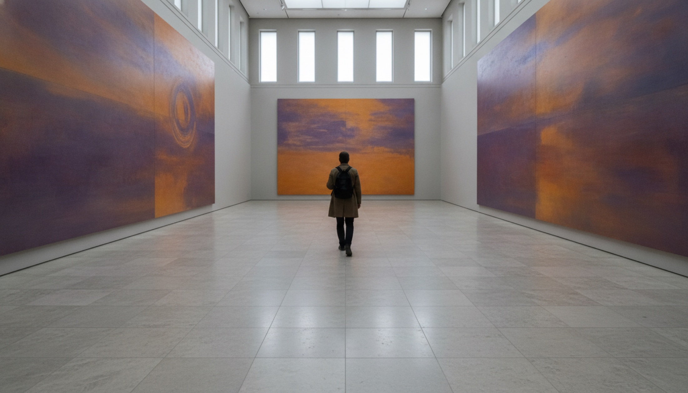 Grand Palais'ın geniş galerisinde iki yana sıralanmış devasa soyut tuvalllerin önünden geçen ziyaretçi silueti, her tuval mor ve turuncu renk alanlarıyla kaplı