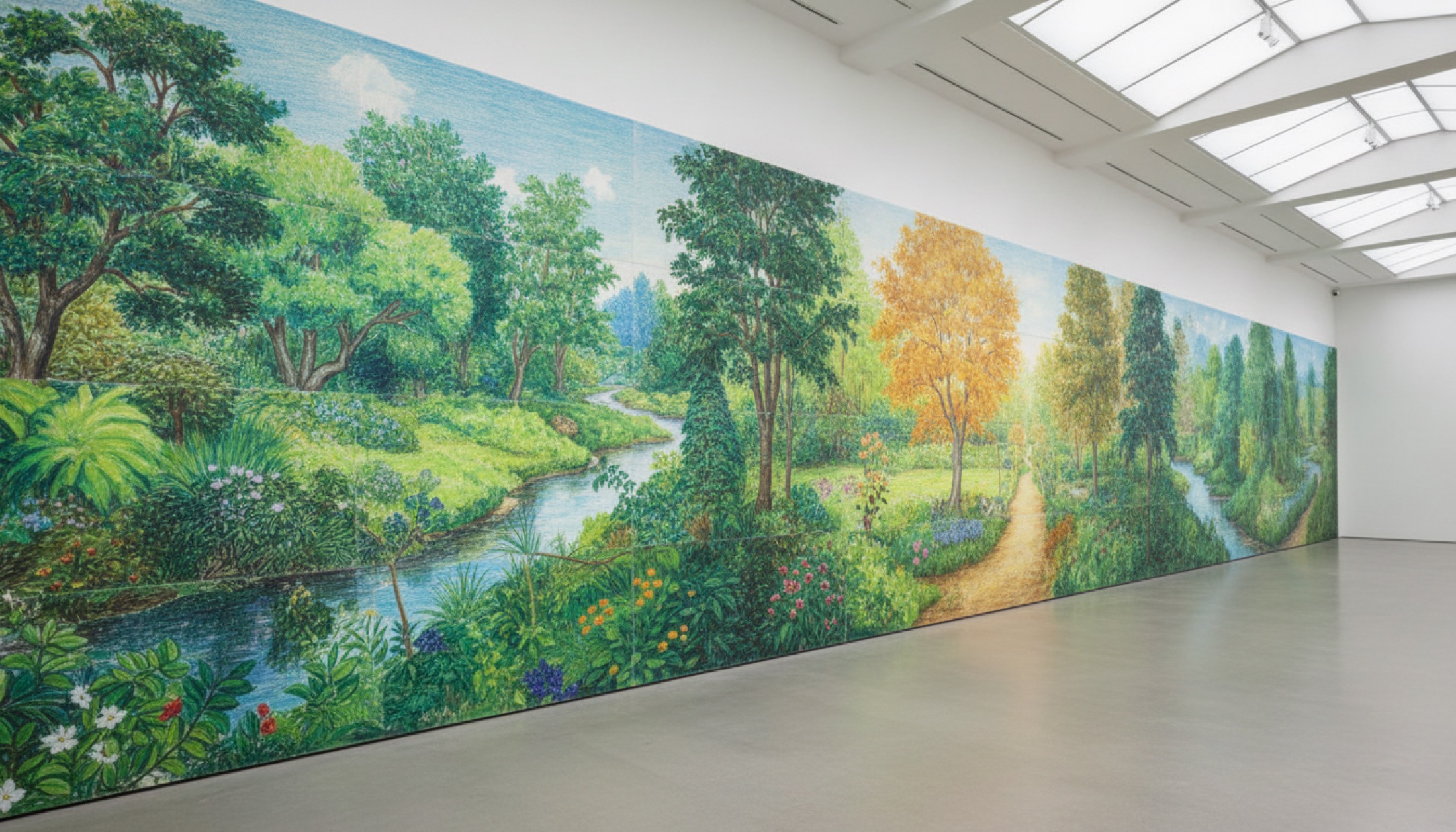 Serpentine North galerisinde duvar boyu uzanan iPad çizimi friz, Normandiya bahçesinin dört mevsimini canlı yeşil ve sarı tonlarla aktarıyor