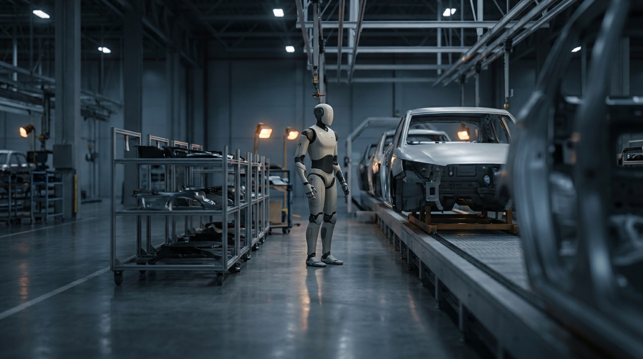 Bir otomobil fabrikasının montaj hattında, parça raflarının yanında dik duran insan boyutlarında bir endüstriyel robotun düşük ışıkta çekilmiş gövde detayı