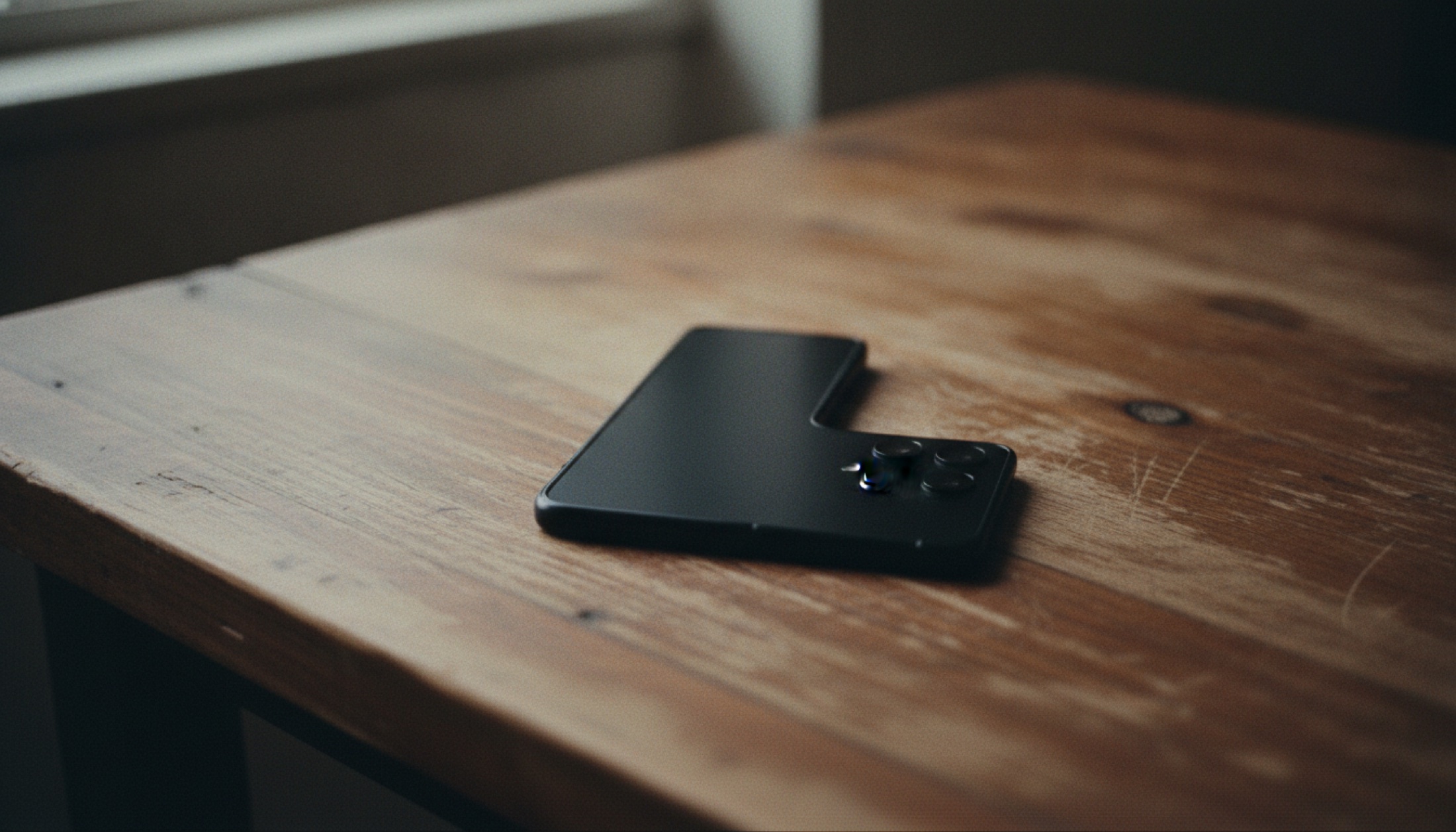 Ahşap masa üzerinde açık konumda duran katlanabilir akıllı telefon