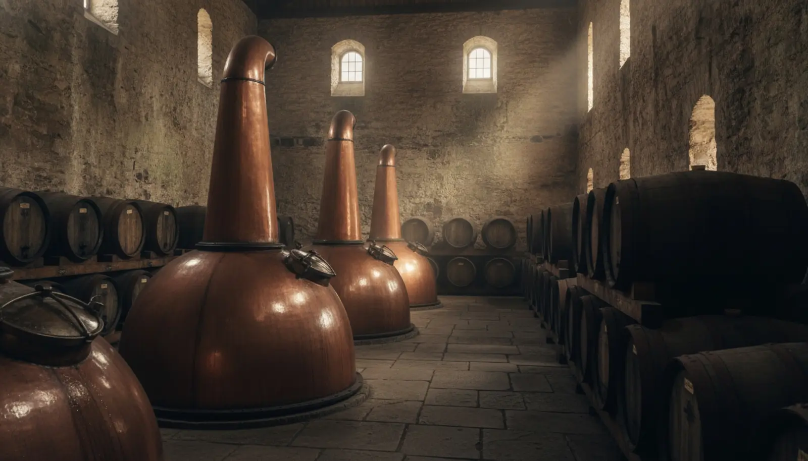 Tarihi bir İrlanda bakır pot still damıtmaevinin içi: büyük bakır kazanlar, taş duvarlar, arka planda fıçı sıraları ve sarı ışık