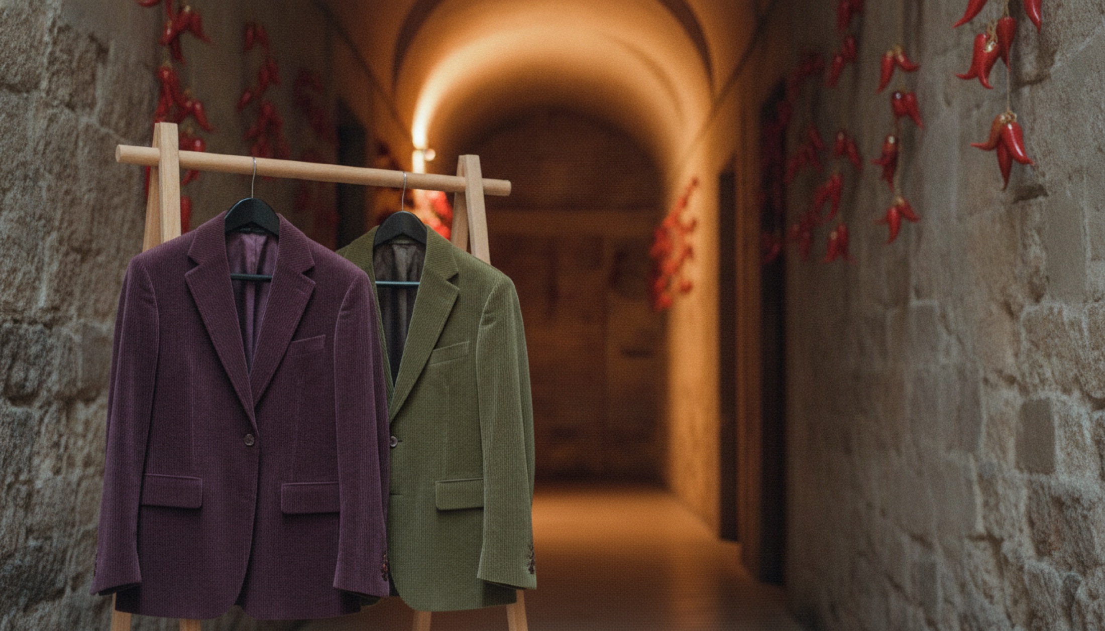 Tarihi Milanese koridorunda asılı kırmızı cornetti tılsımları ve rafta duran Isaia FW26 ceketleri