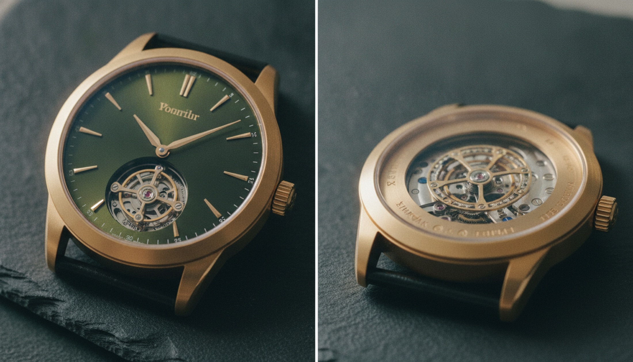 IWC Ingenieur Tourbillon 41 — 18 karat 5N altın kasa, zeytin yeşili kadran ve saat 6'da uçan dakika tourbillonu