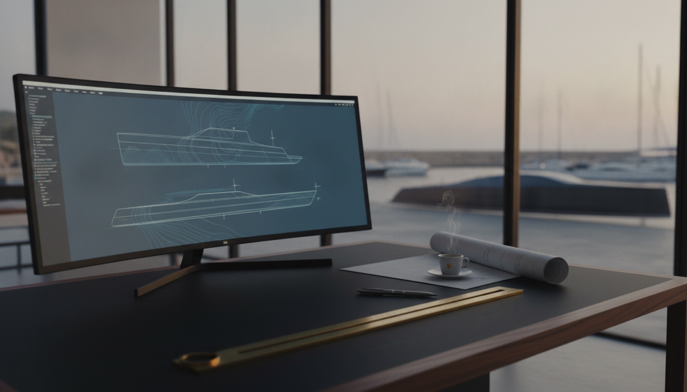 Mallorca'da bir deniz mimarı stüdyosunda şafak vakti çizim masası; ekranda karbon fiber bir yatın gövde eğrileri ve akışkanlar dinamiği simülasyonu, yanında paralel cetvel, kurşun kalem ve espresso fincanı; arka planda uzakta bir marina silueti.