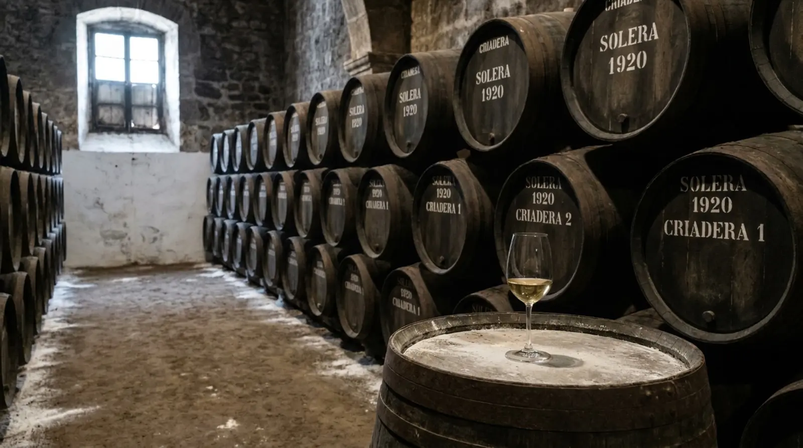 Jerez bodegasında yan yana dizilmiş eski meşe sherry fıçıları; üst tahtaların üzerine tebeşirle yazılmış işaretler ve loş, serin bir mahzen ışığı