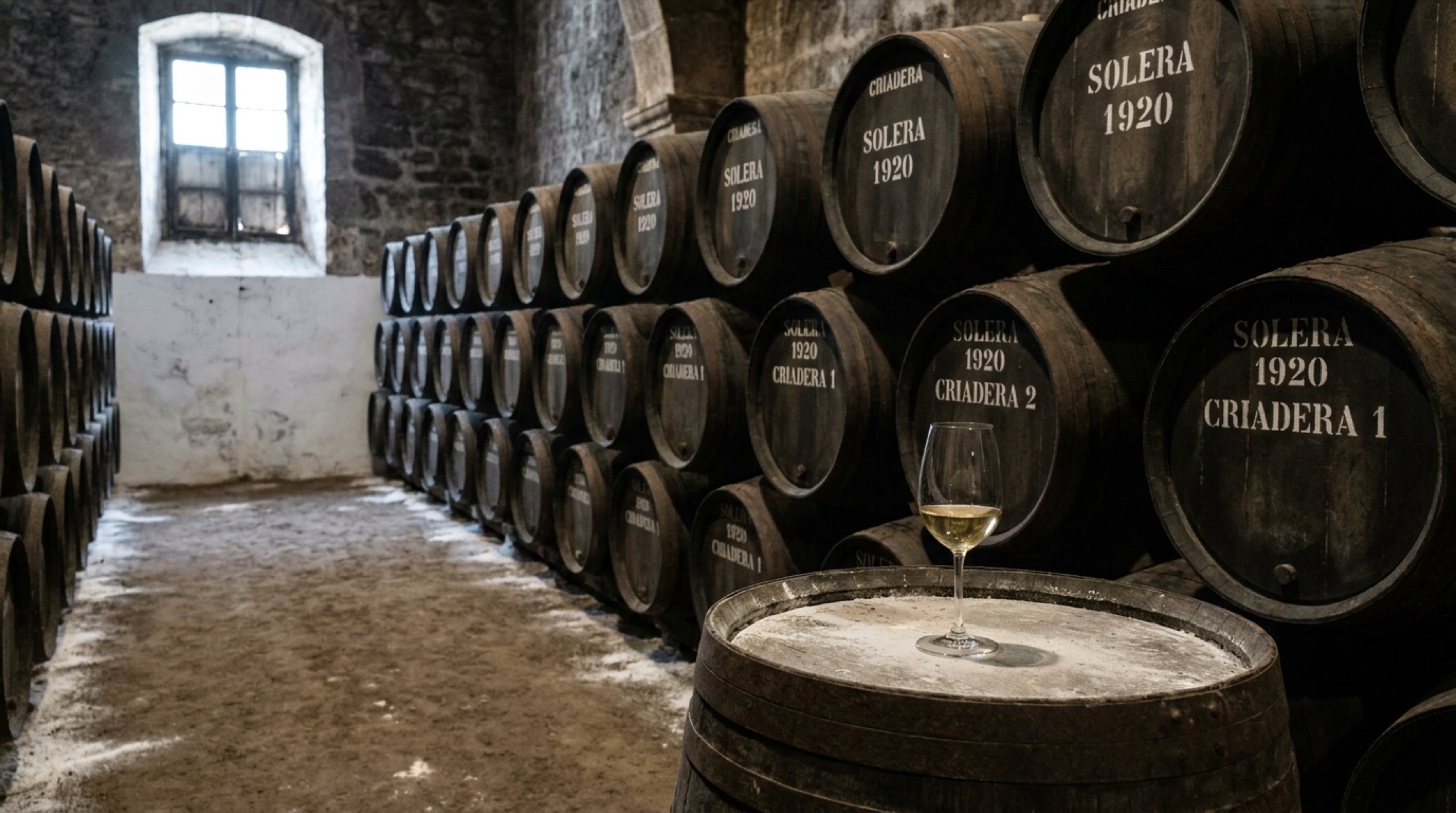 Jerez bodegasında yan yana dizilmiş eski meşe sherry fıçıları; üst tahtaların üzerine tebeşirle yazılmış işaretler ve loş, serin bir mahzen ışığı