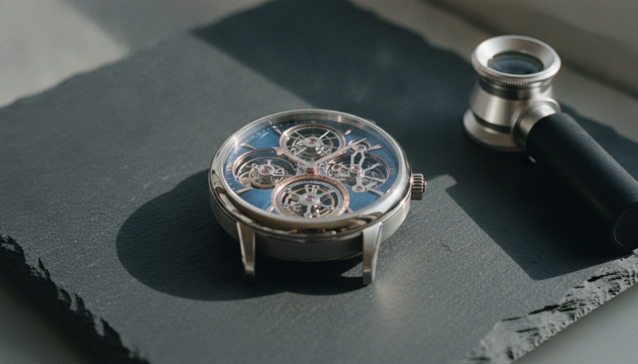 Platinyum kasalı, açık kadranıyla triple-axis gyrotourbillon mekanizması gösteren saat, koyu arduvaz yüzey üzerinde