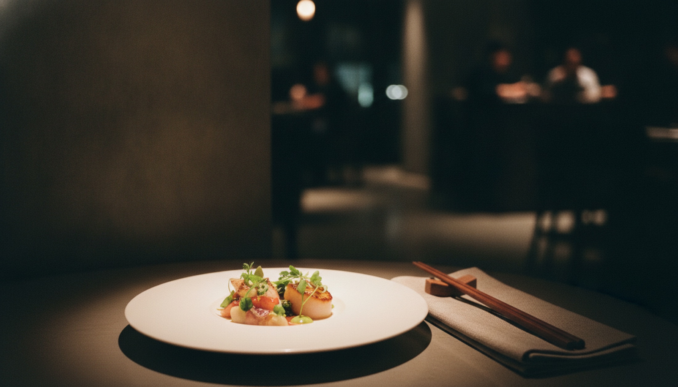 Los Angeles'ta Kato restoranında seramik tabakta fine dining tabağı, arka planda beton duvar