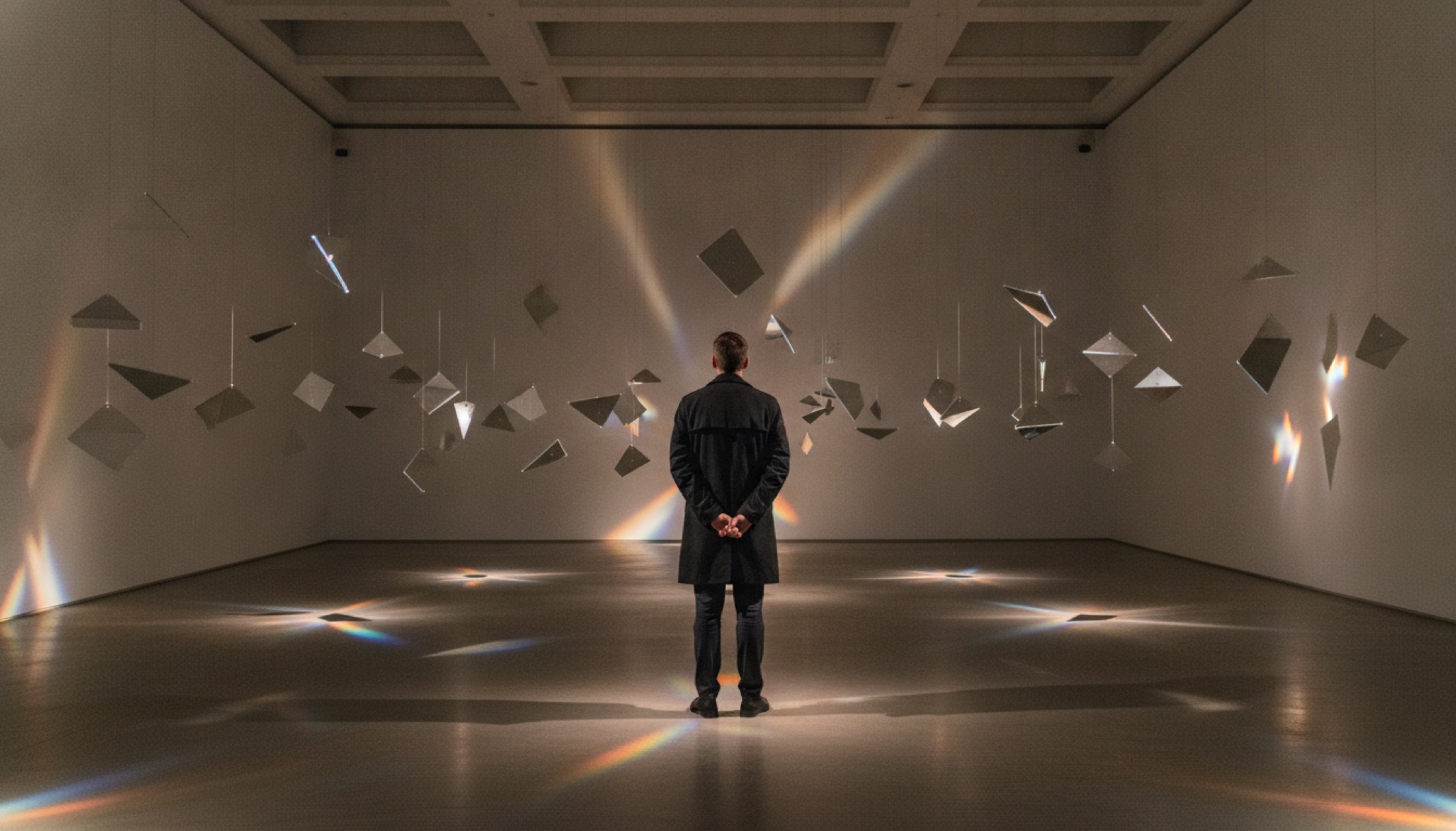Tate Modern'daki Julio Le Parc retrospektifinde bir ziyaretçi kinetik ışık heykellerinin arasında duruyor