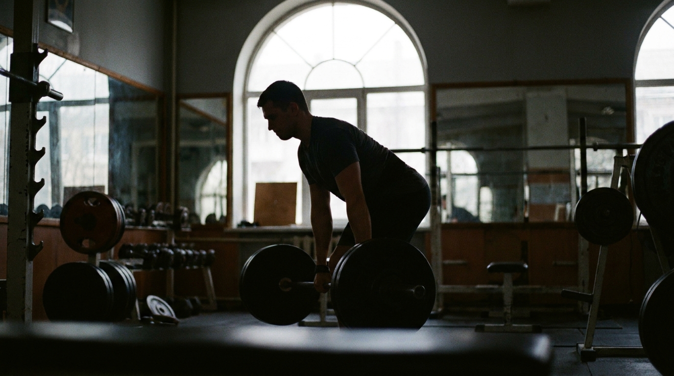 Bir spor salonunda ağırlık kaldıran erkeğin silueti, arka planda loş ışık ve aynalar