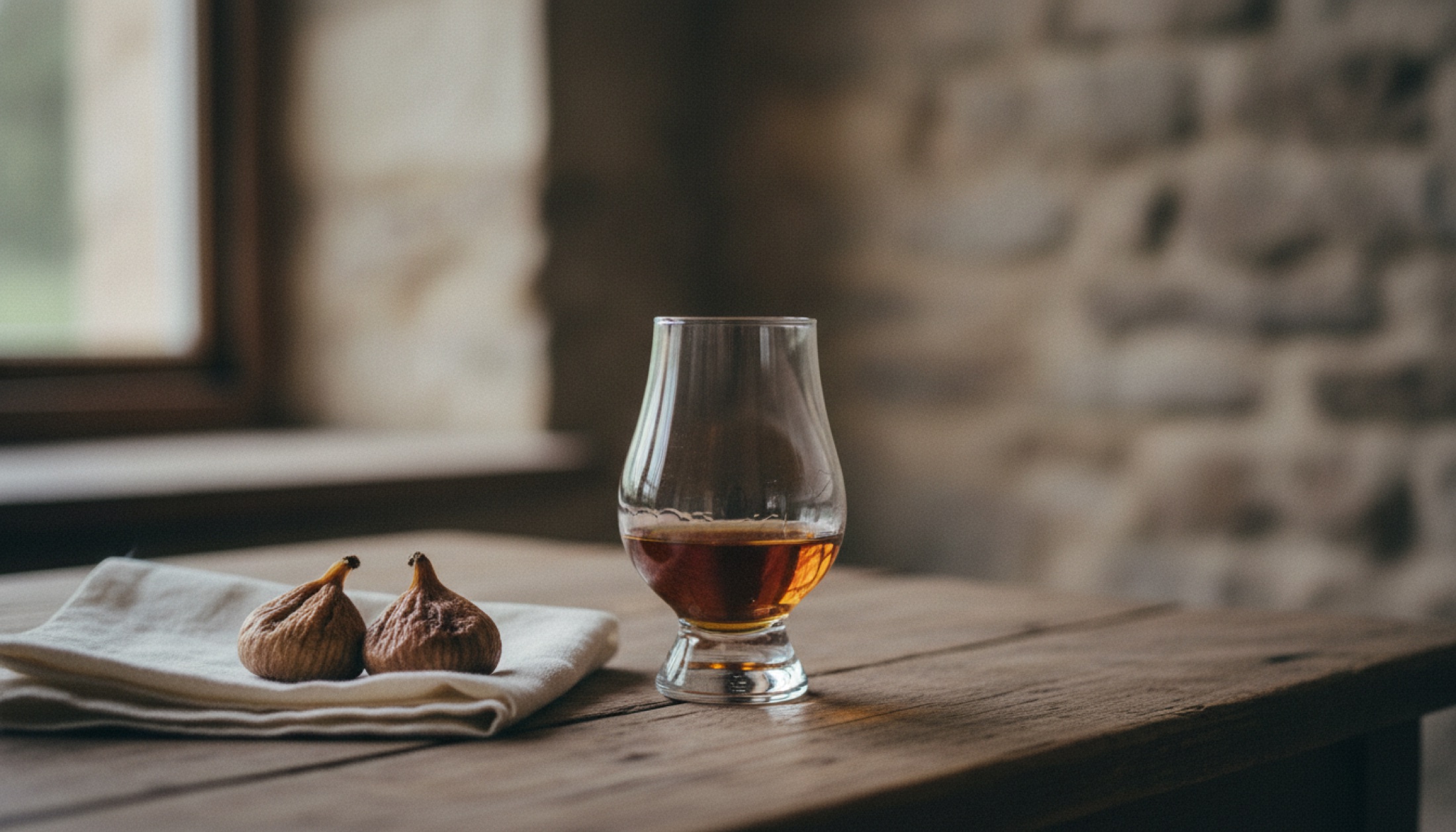 Kilchoman Maury Cask Matured viskisi Glencairn bardağında, yanında kuru incir, taş duvarlı arka plan