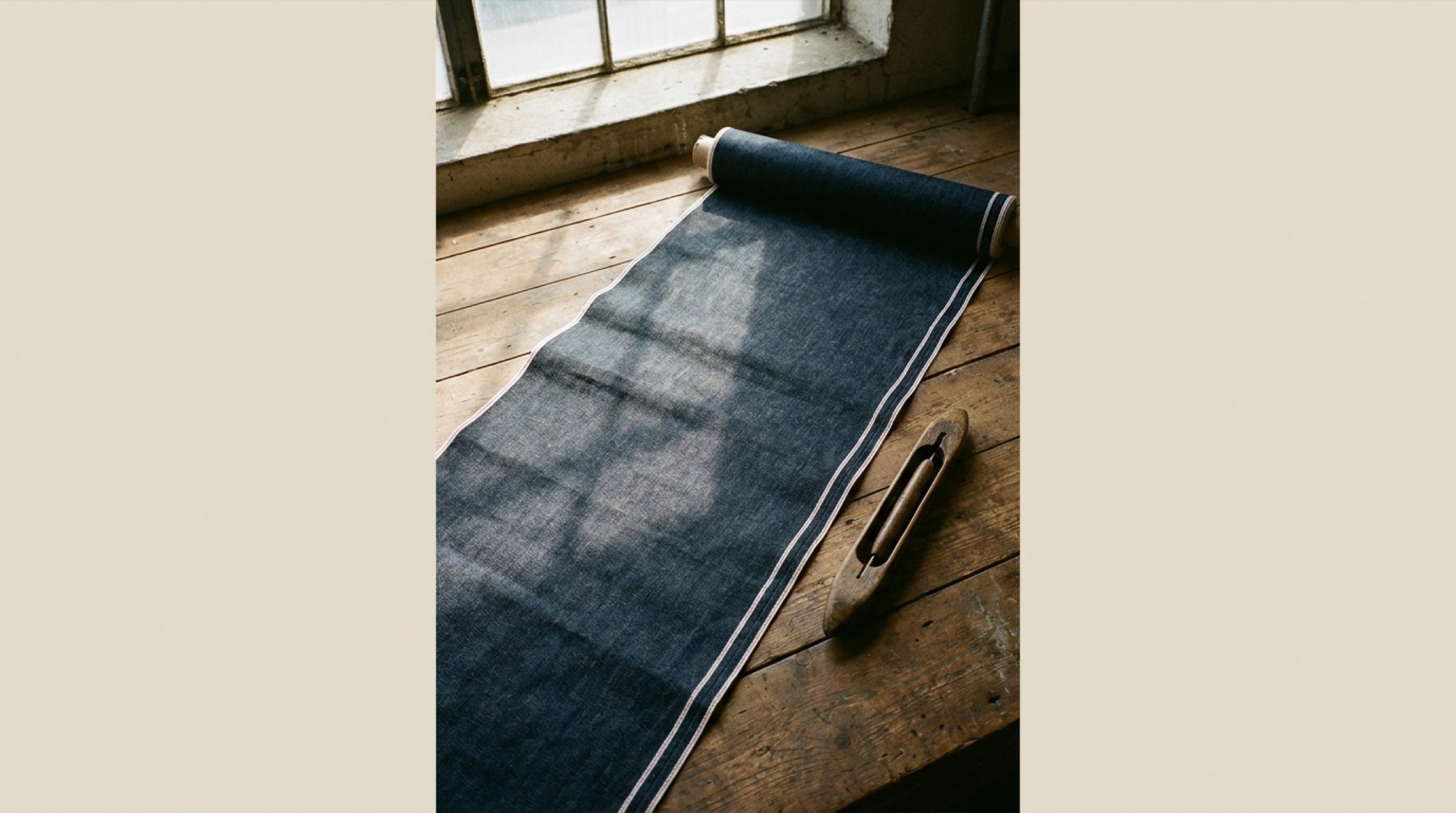 Atölye tahtasında açılmış koyu indigo selvedge denim, kenar şeridi ve dokuma yapısı görünür.