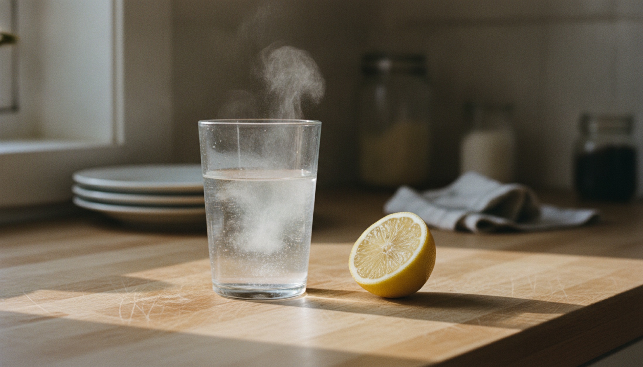 Mutfak tezgahında eriyip karışan beyaz toz dolu su bardağı ve yanında limon, sabah ışığı