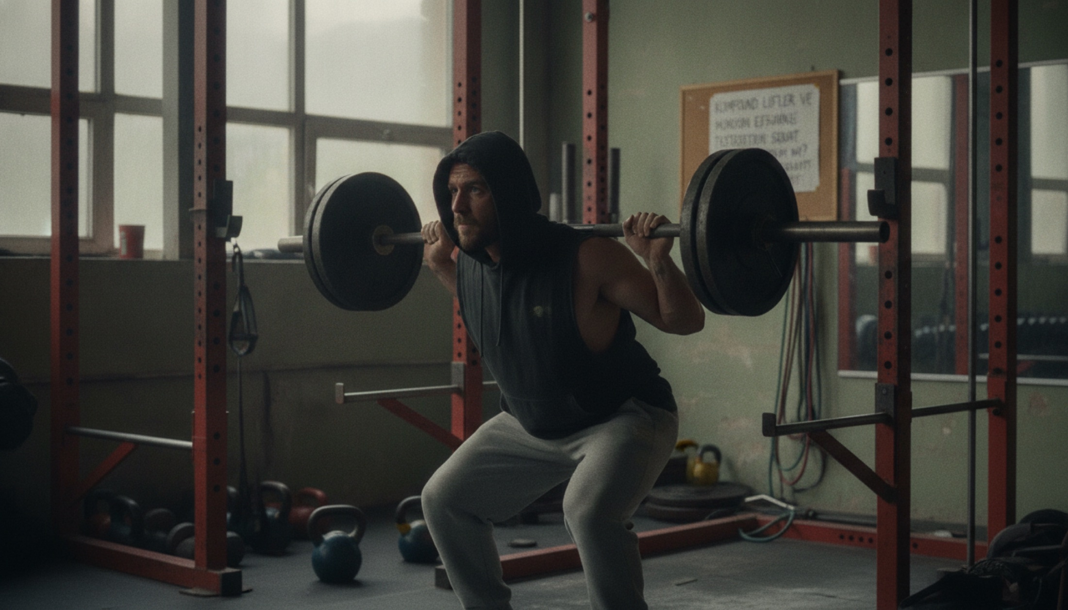 Boş squat rack ve yüklü barbell, sanayi tipi spor salonu