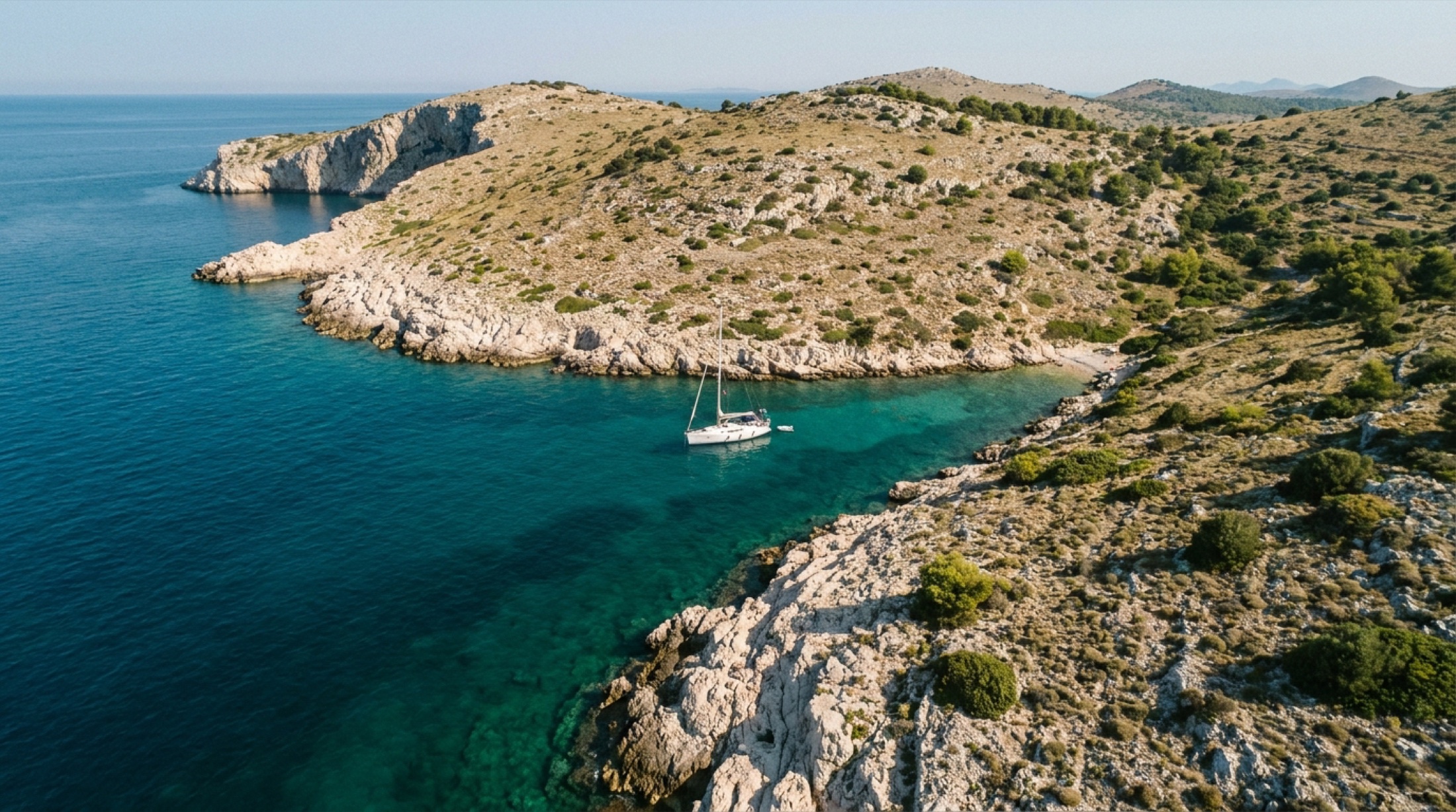 Kornati takımadalarında ıssız bir koyda demir atmış yelkenli, kireçtaşı falezlerin ve turkuaz Adriyatik'in havadan görünümü