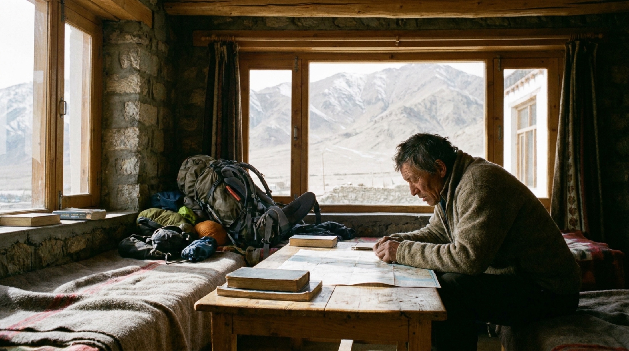 Pangong Gölü kıyısında çadır, arka planda Himalaya sıradağları ve mavi gökyüzü