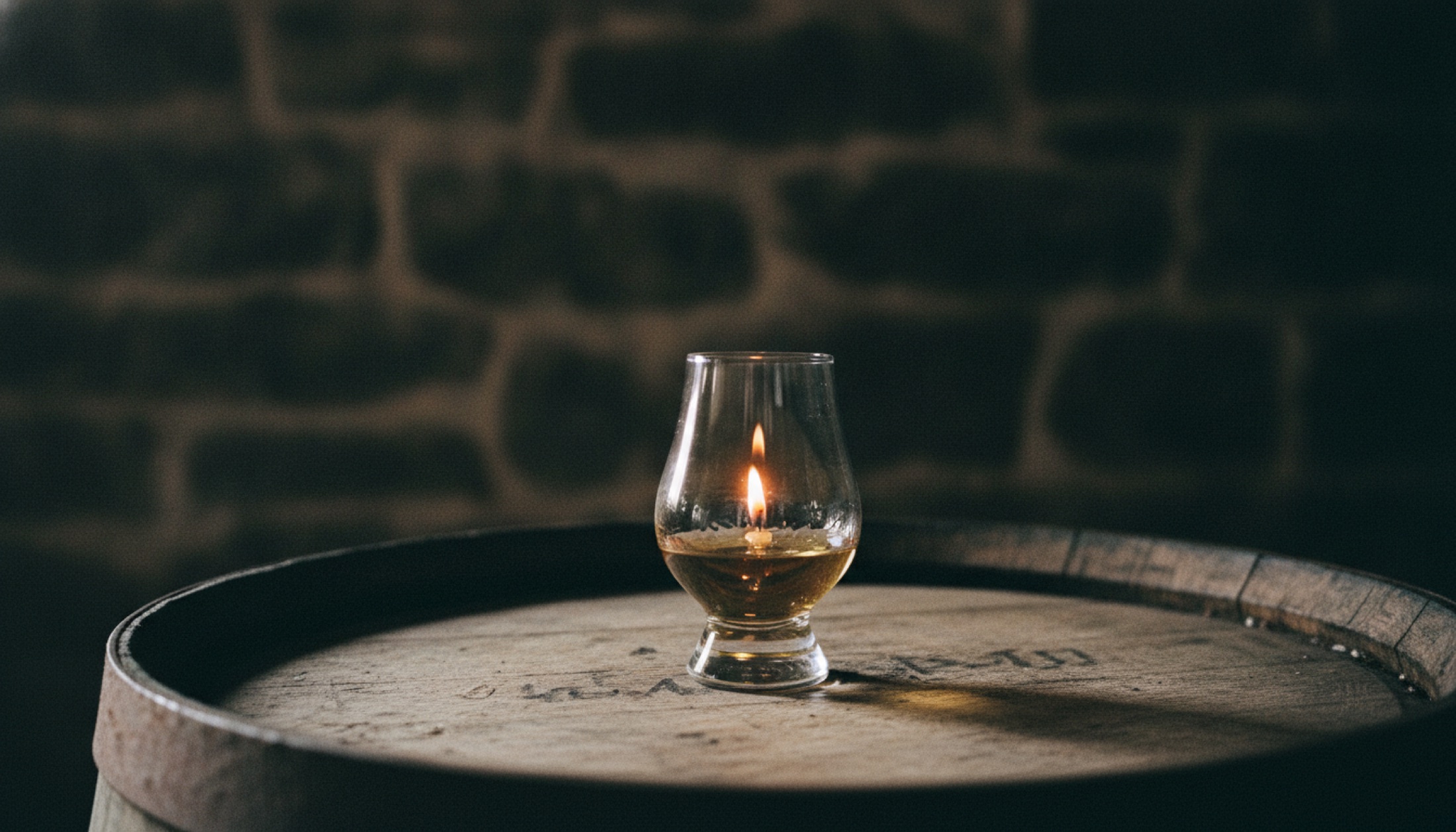 Lagg Manzanilla single malt viskisi kristal bardakta, eski meşe fıçı üzerinde