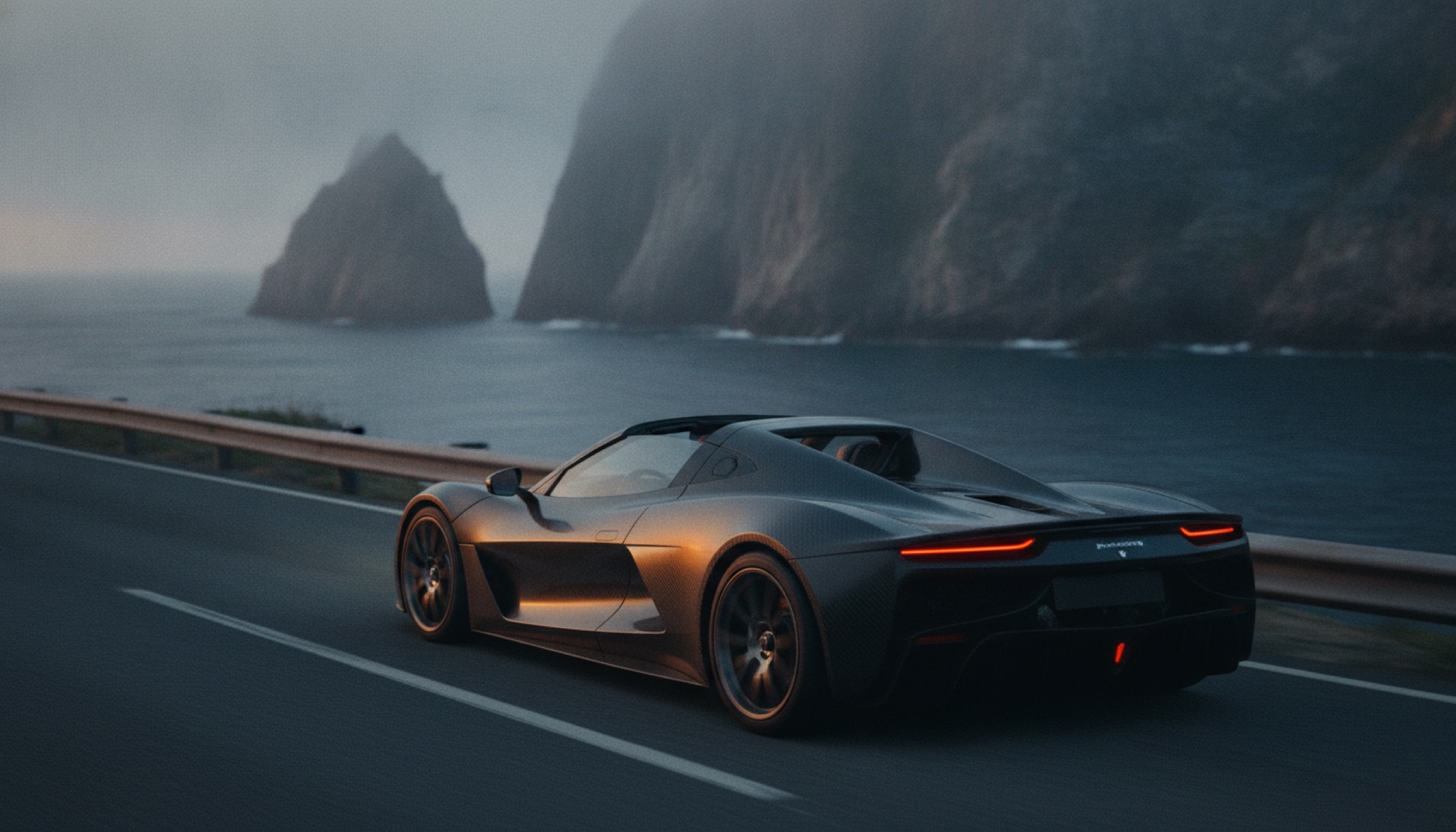 Açık üstü hypercar, alacakaranlıkta kıyı yolunda arkadan ve yandan görünüm, karbon fiber gövde sıcak ışıkta