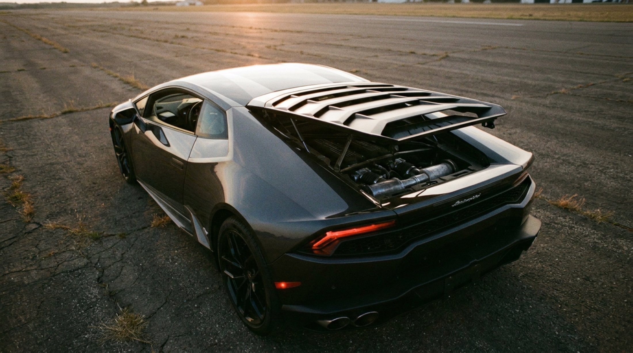 Lamborghini Temerario alçak açıdan pist kenarında alacakaranlıkta gövde çizgileri