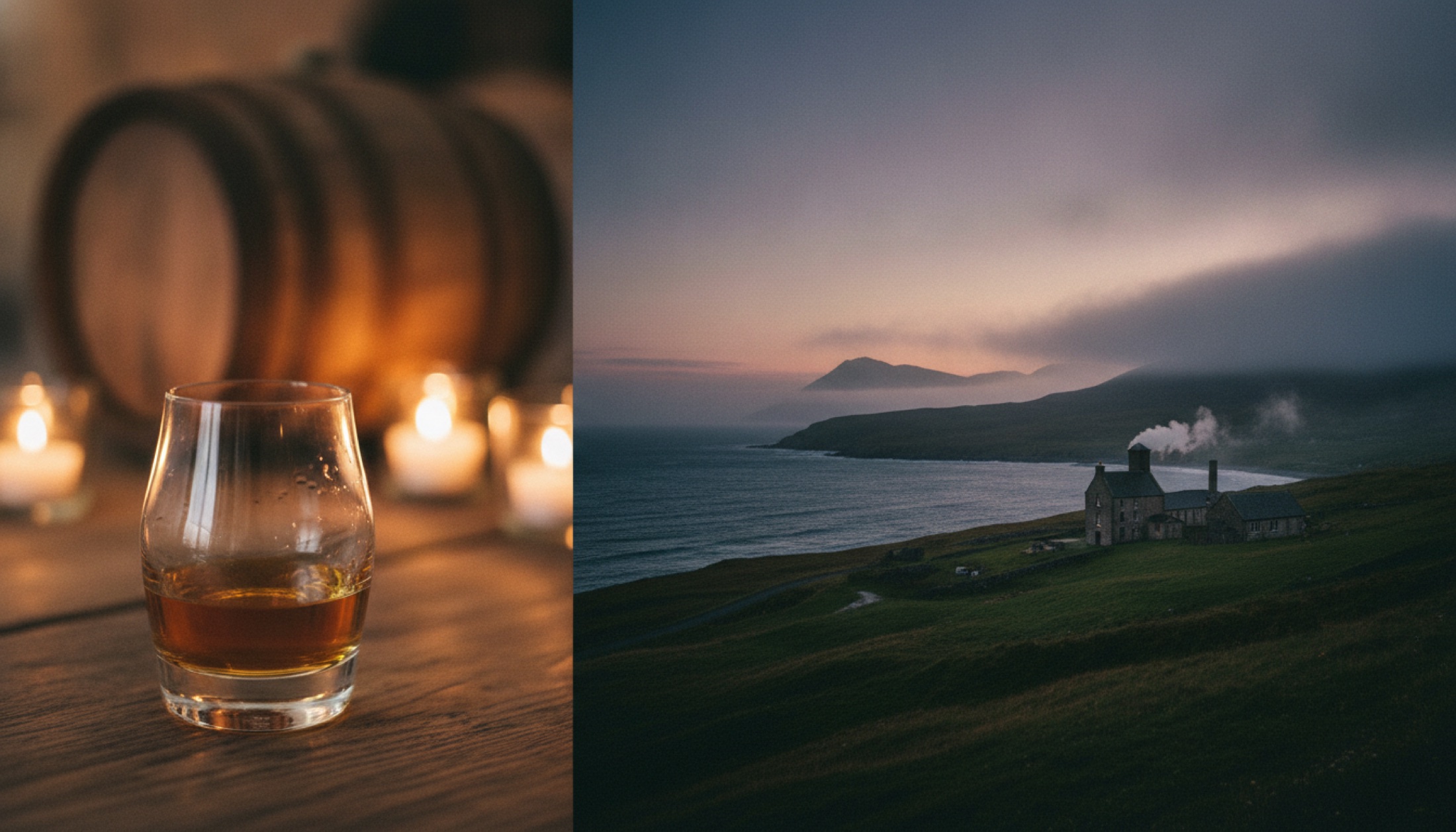 Bir kadehte kehribar rengi single malt viskisi; arka planda ahşap fıçı ve kıyı manzarası