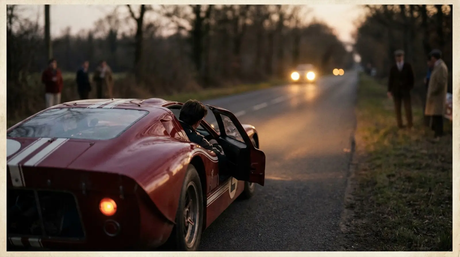 1967 Ford GT40 Mk IV, Le Mans pisti üzerinde gece yaklaşımında, arka ışıkları iz çekiyor