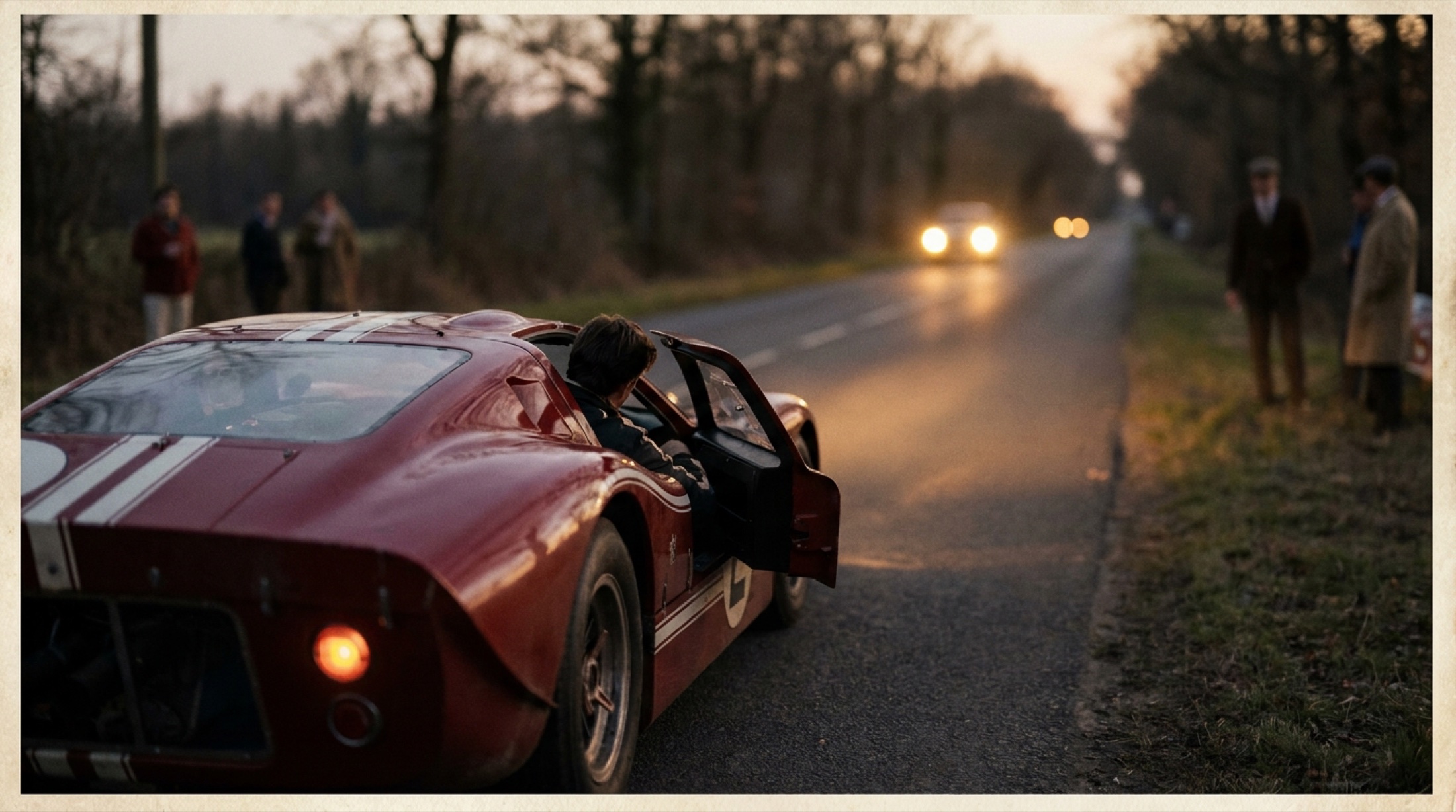 1967 Ford GT40 Mk IV, Le Mans pisti üzerinde gece yaklaşımında, arka ışıkları iz çekiyor