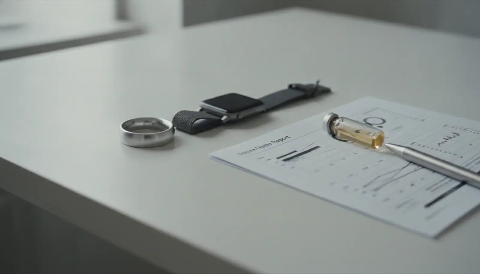 Bir masa üzerinde sağlık wearable'ı, yüzük, kan testi raporu ve küçük bir cam tüpten oluşan editoryal still-life kompozisyon