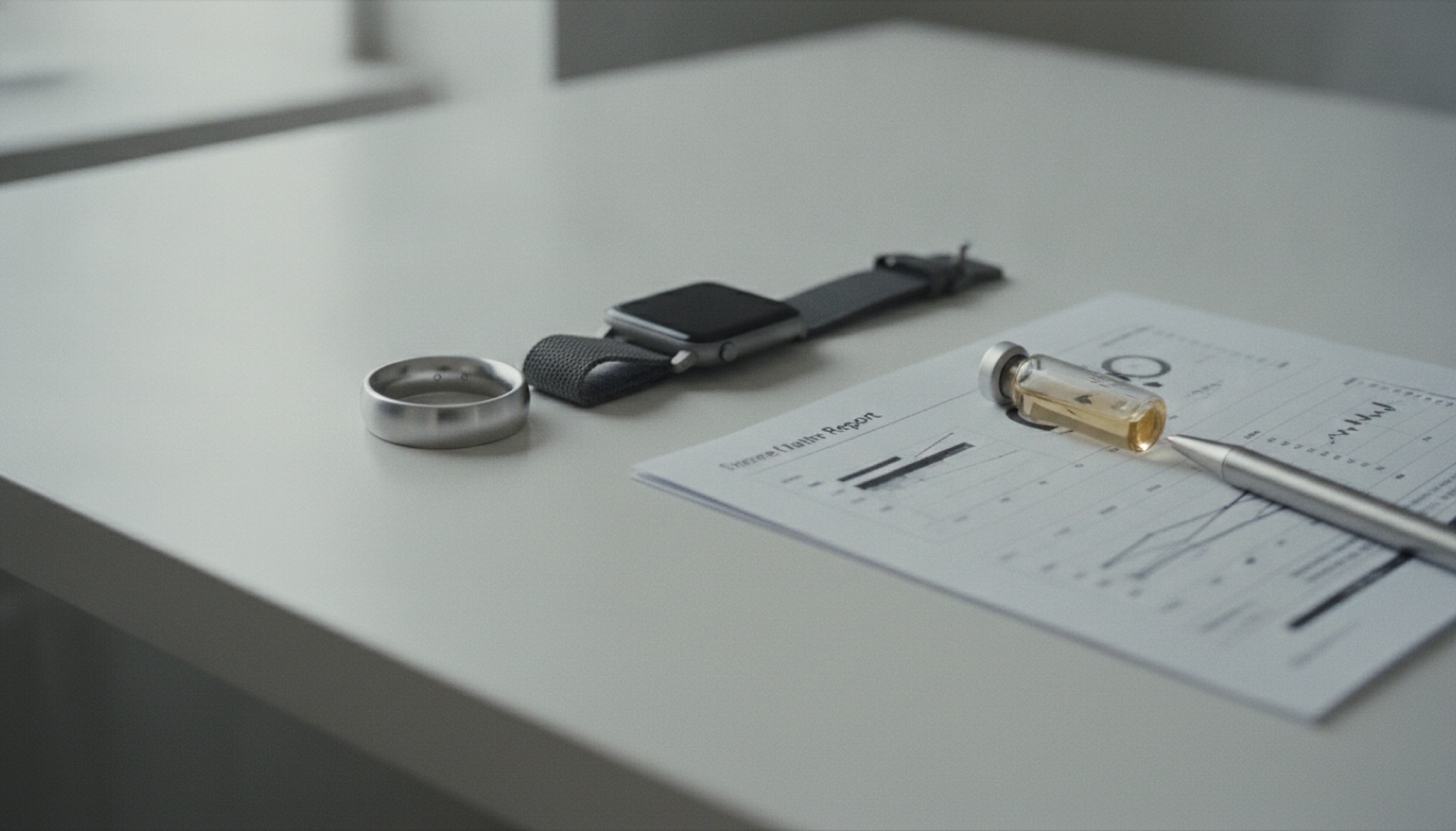 Bir masa üzerinde sağlık wearable'ı, yüzük, kan testi raporu ve küçük bir cam tüpten oluşan editoryal still-life kompozisyon