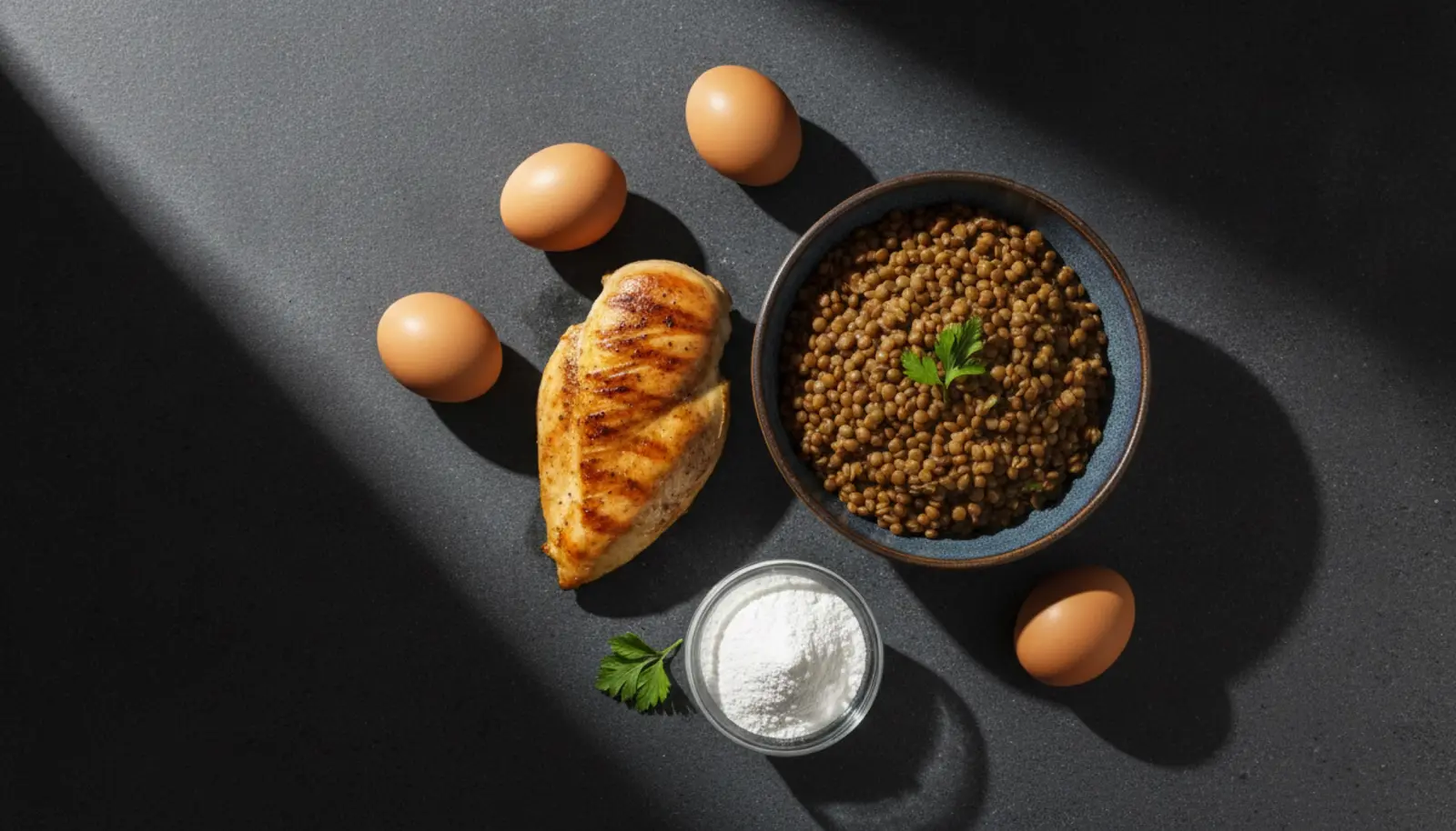 Koyu taş yüzey üzerinde yumurta, tavuk, mercimek ve protein tozu — dramatik yan aydınlatma ile üstten çekim