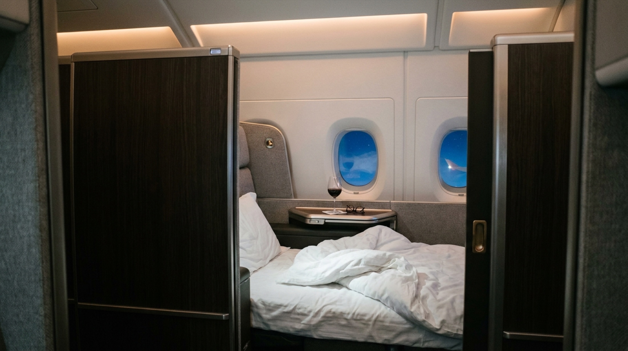 Lufthansa Allegris First Class suite iç görünümü — gece uçuşunda beyaz yatak ve koyu ahşap özel bölme kapısı