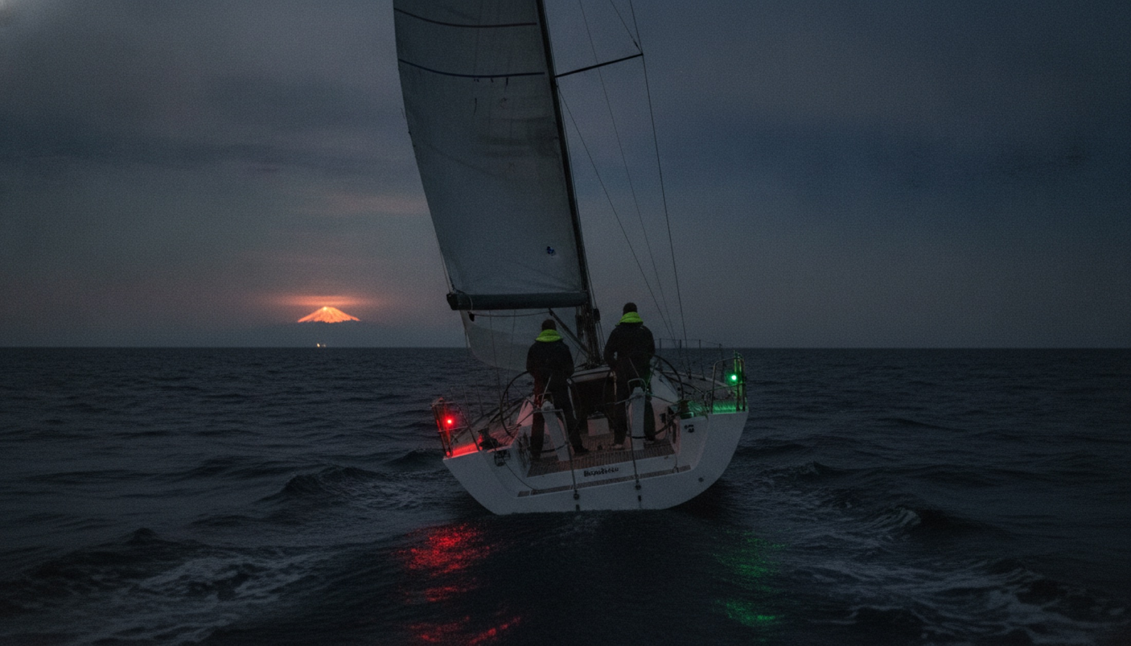 Gece Akdeniz'de yarış teknesi helm başında, ufukta volkan kırmızısı