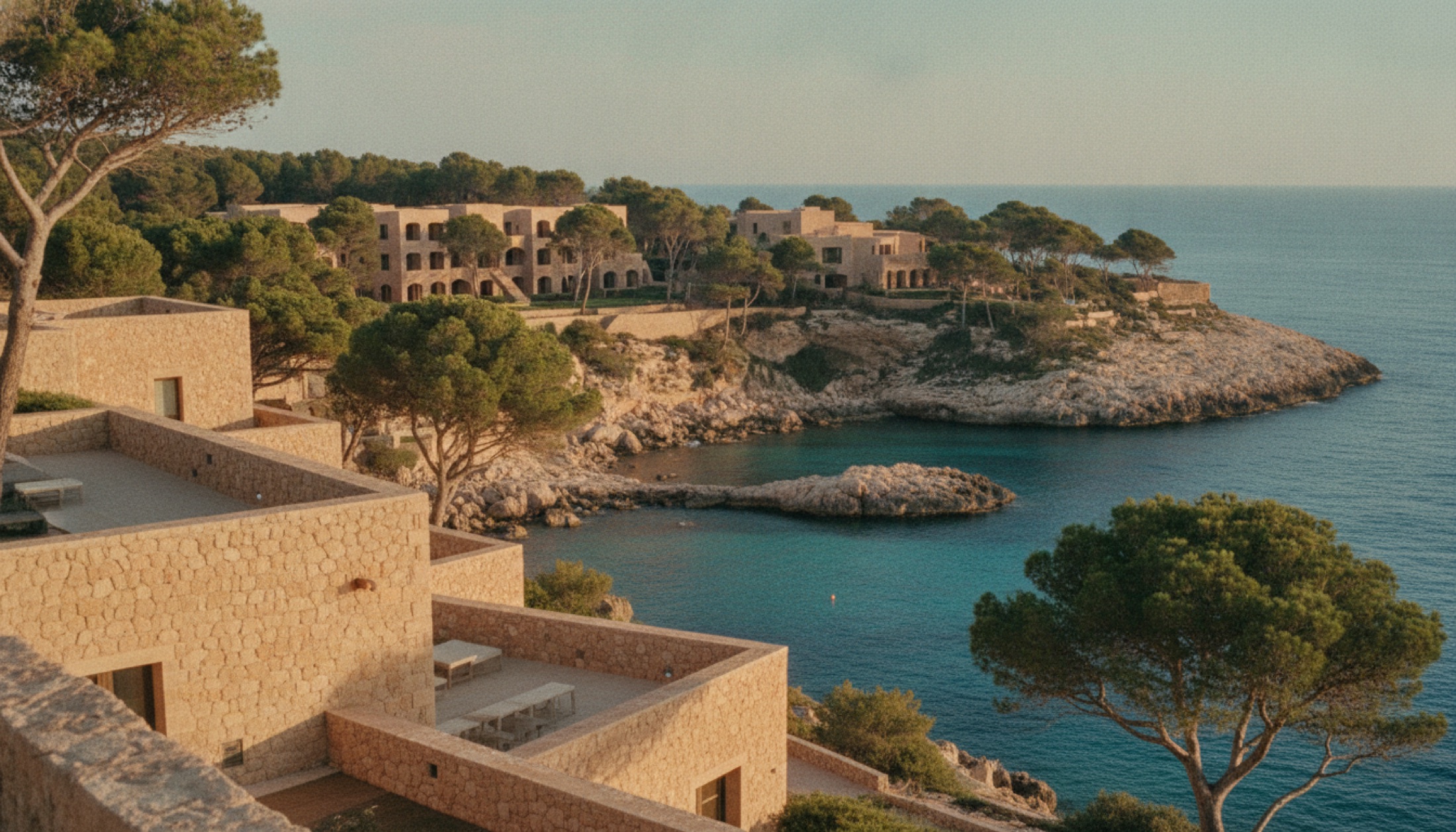 Mandarin Oriental Punta Negra'nın Mallorca kıyısındaki çam ağaçları arasına gömülmüş taş yapısı