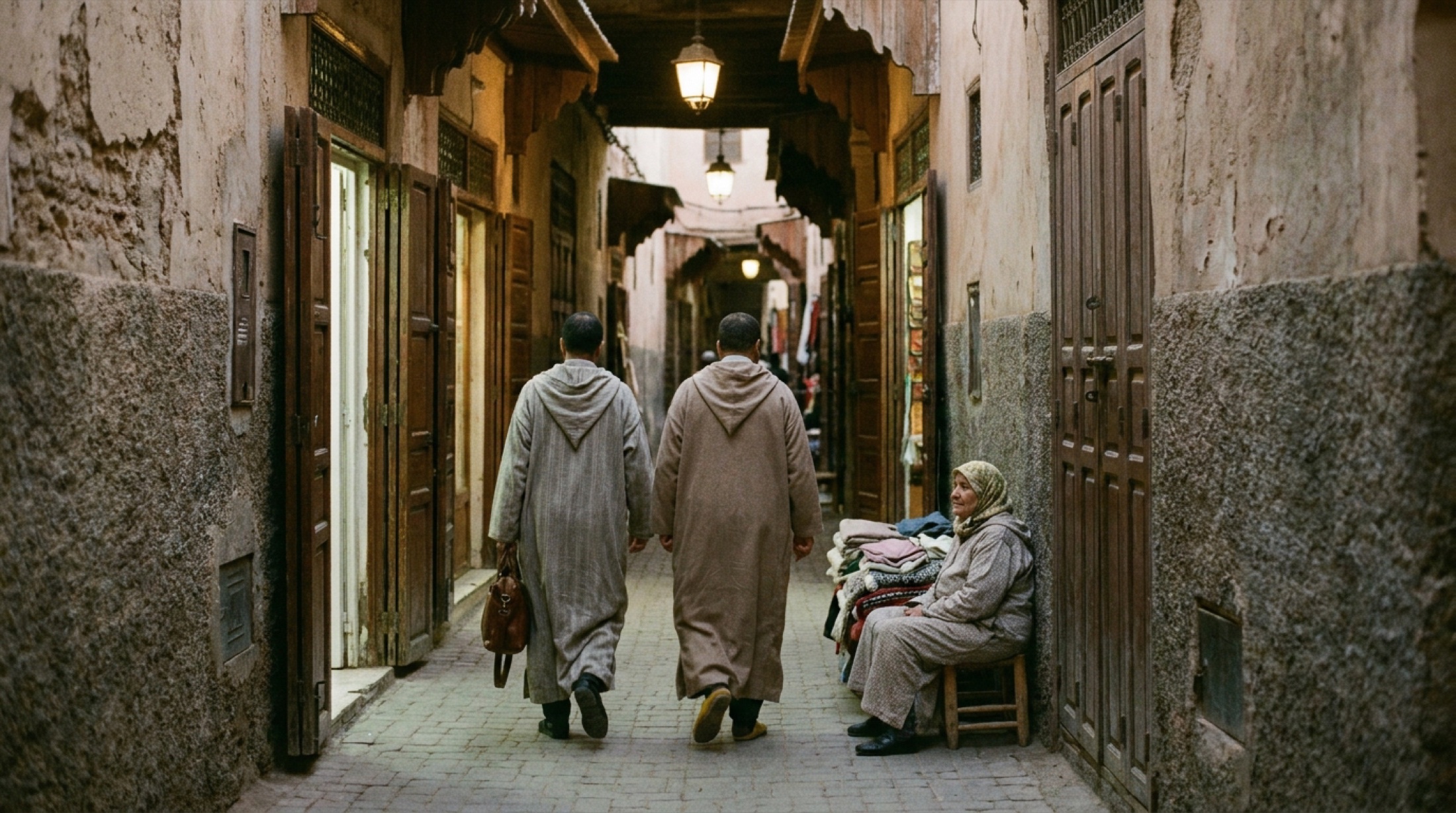 Marrakech medina sokaklarında gece lambaları ve boyalı duvarlar, hamal arabası gölgesi
