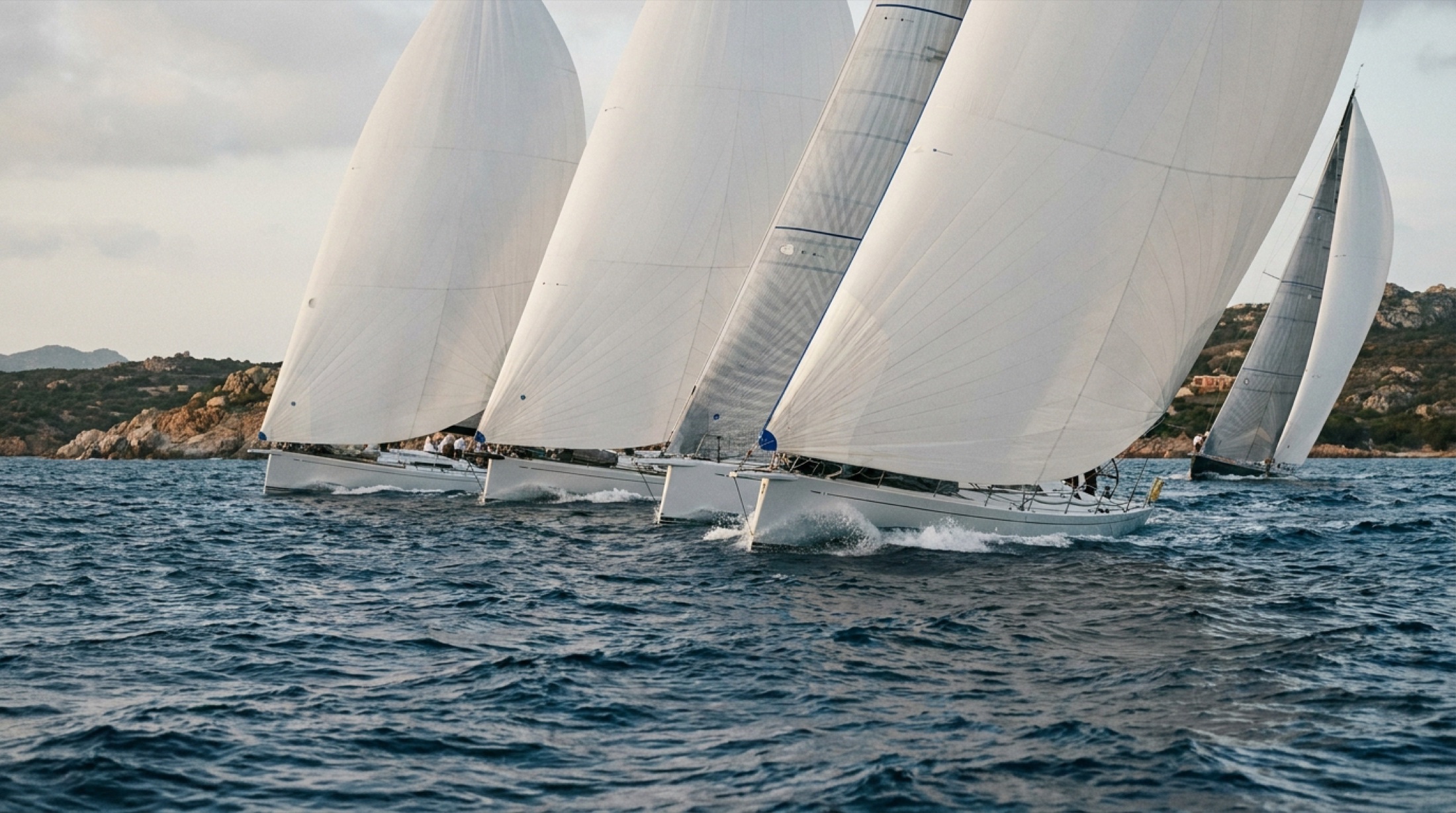 Porto Cervo'da maxi yarış yelkenlileri start hattında, Sardinya falezleri fon oluşturuyor, beyaz yelkenler mavi suya karşı