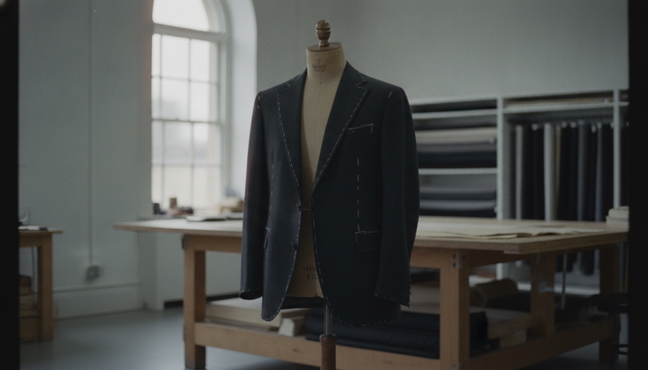 Bespoke siyah yün ceket, minimal atölyede terzi mankeni üzerinde, çeyrek yapım aşamasında