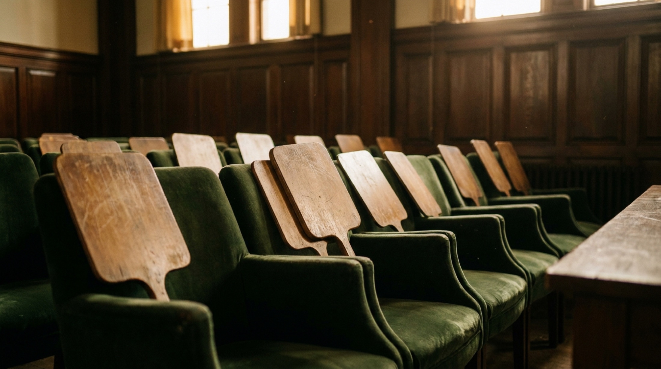 Müzayede salonunda boş kadife koltuklara bırakılmış numaralı teklif panoları; üstten gelen altın ışık boş salonun teatral havasını vurguluyor.