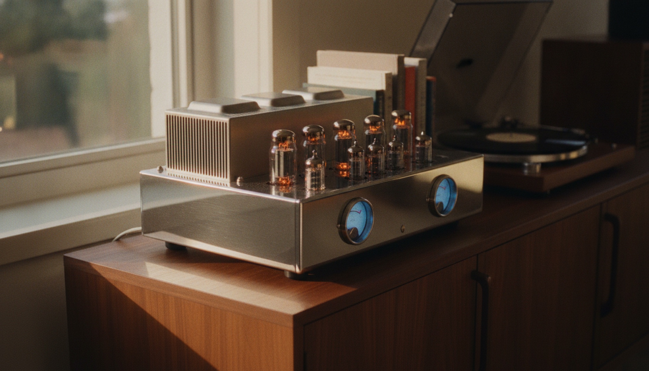 McIntosh MA2375 tüp entegre amplifikatörü, ceviz ahşap sehpa üzerinde, mavi watt sayaçları yanık ve tüpler görünür hâlde