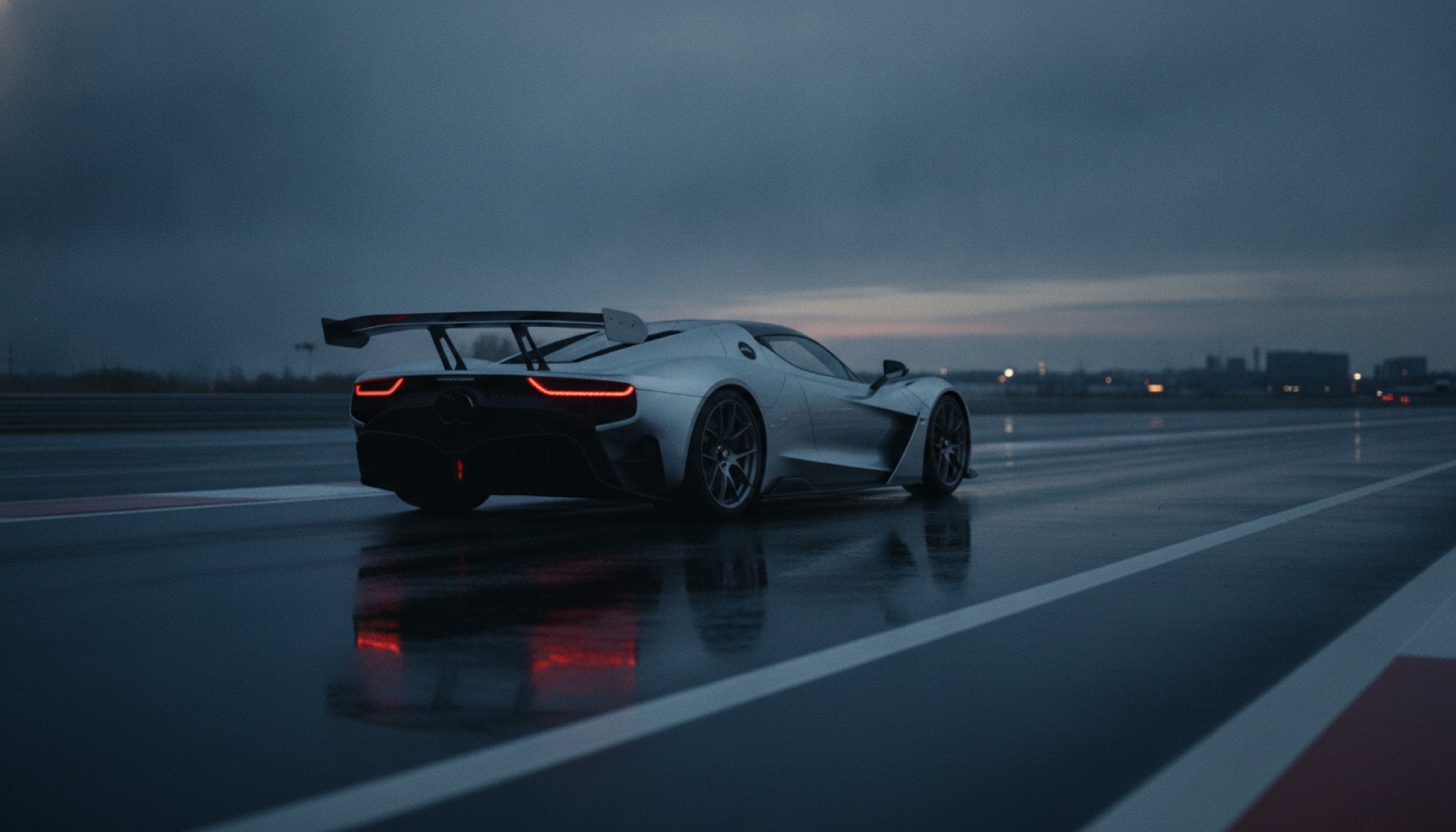 McLaren W1 arka üç çeyrek görünüm, boş pist üzerinde alacakaranlık