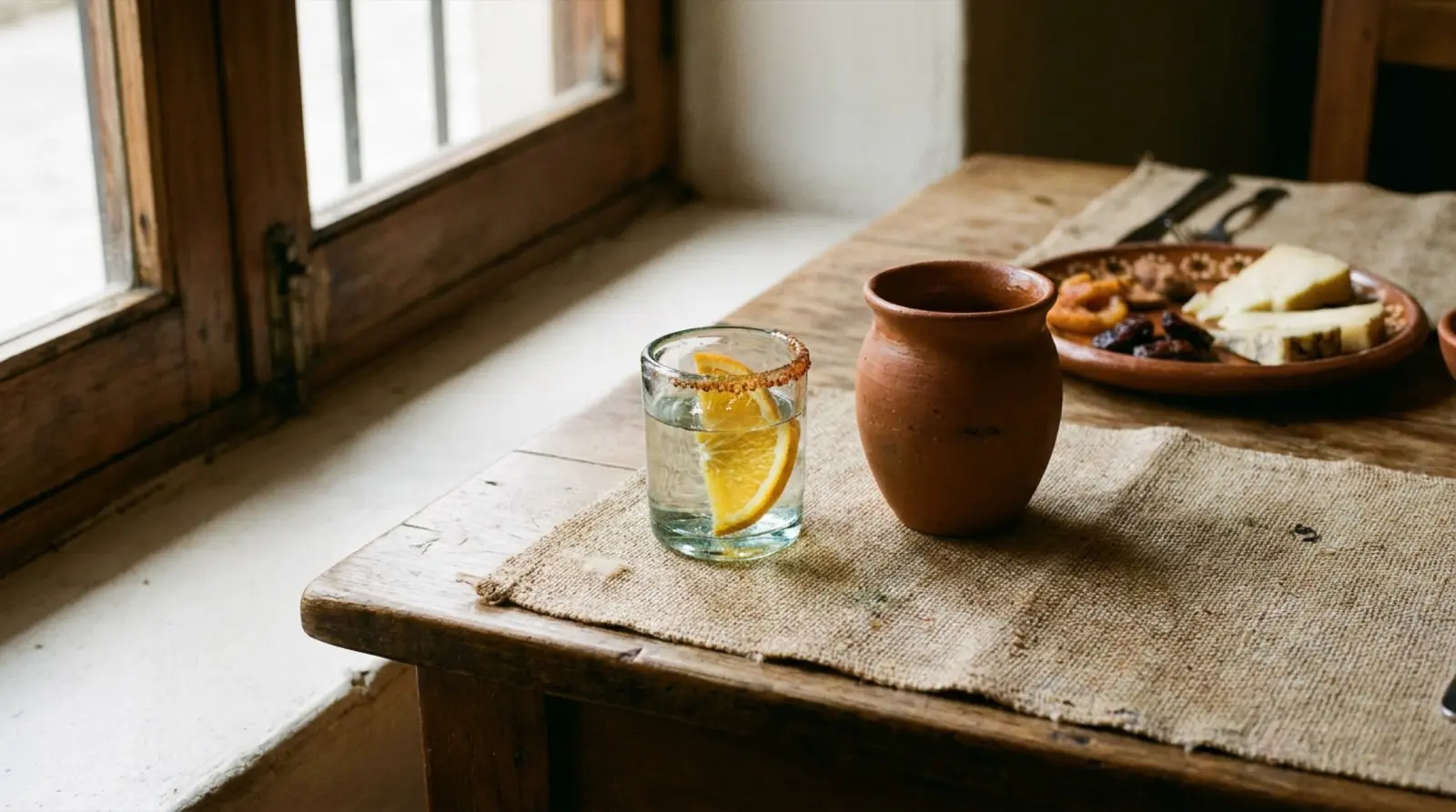 Oaxaca'da geleneksel toprak tencerede damıtılan mezcal ve farklı agave türlerinin yan yana dizilişi