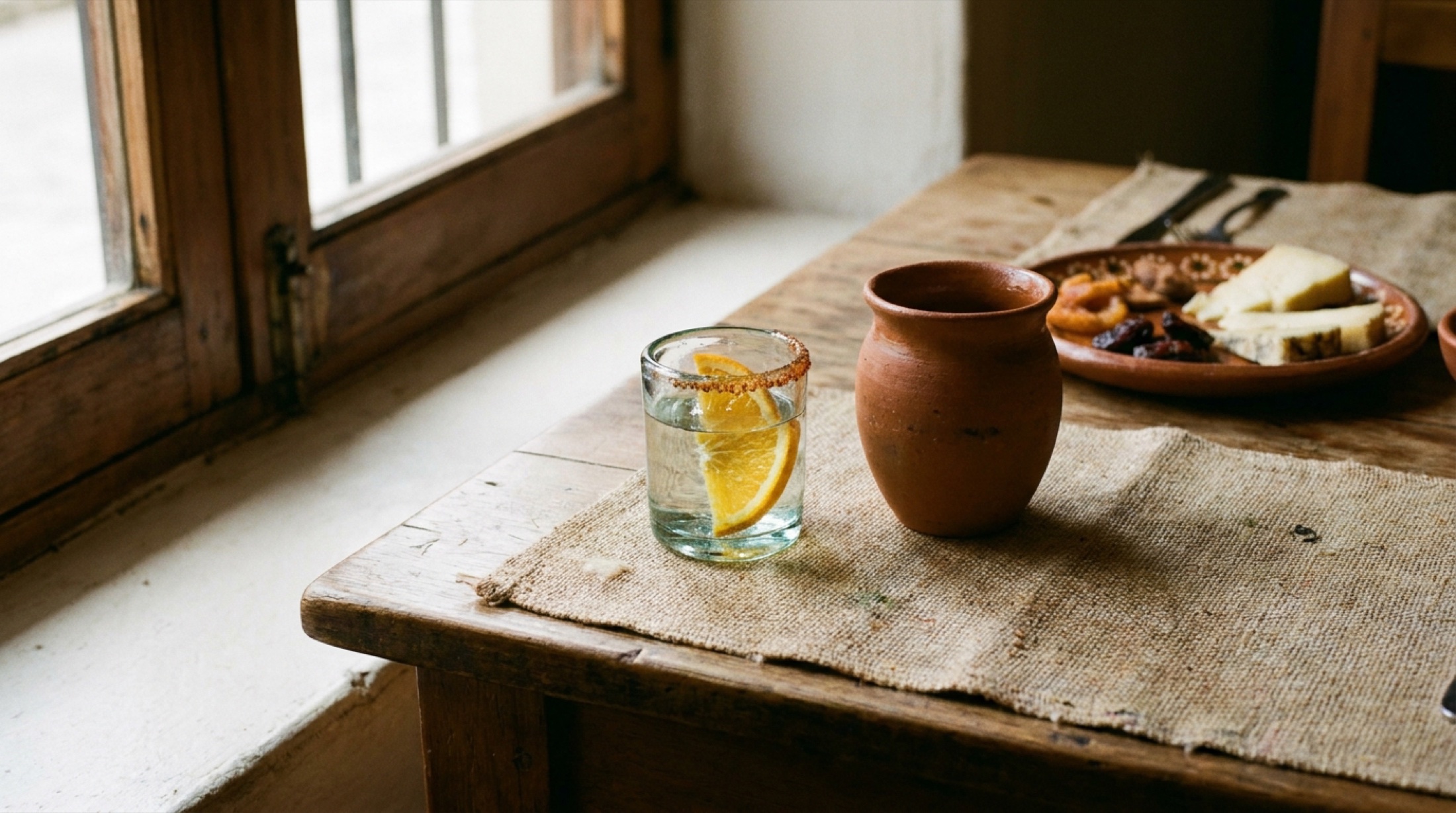 Oaxaca'da geleneksel toprak tencerede damıtılan mezcal ve farklı agave türlerinin yan yana dizilişi