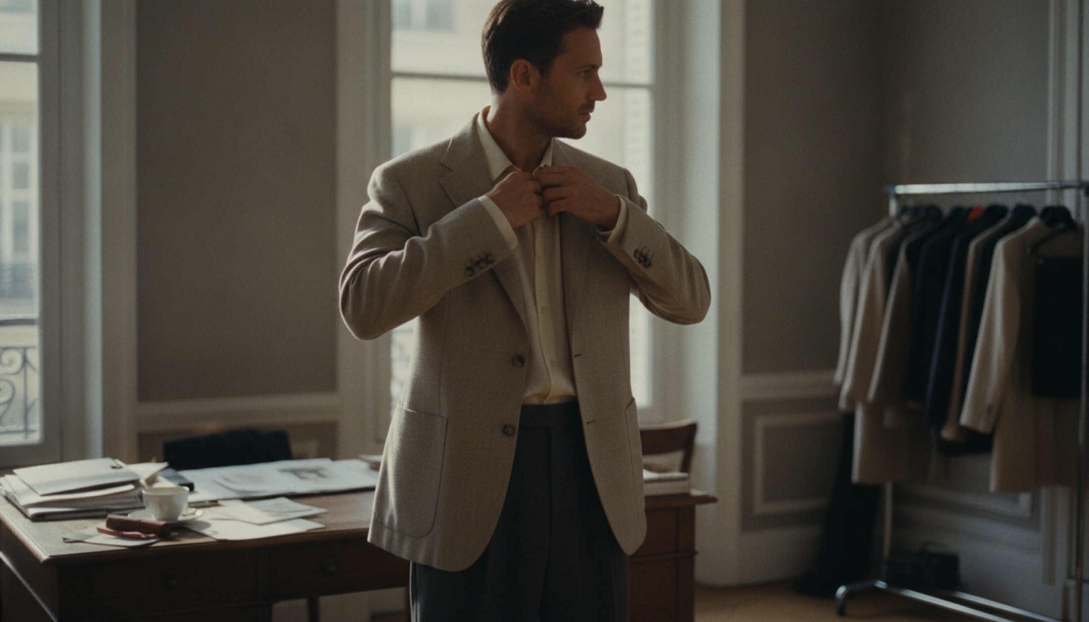 Geniş yapılı camel renkli blazer minimalist metal askıda, yanında geniş kenarlı şapka, Paris stüdyosu atmosferi
