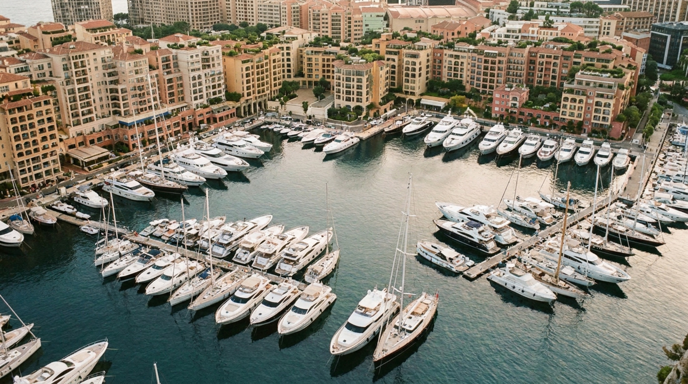 Monaco Port Hercule'de demirli süperyatlar havadan görünüyor, Akdeniz mimarisi fon oluşturuyor